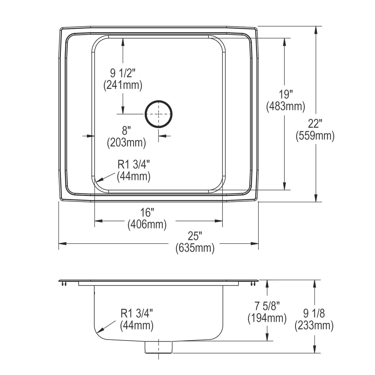 Elkay Lustertone Classic 25" Drop In/Topmount Stainless Steel Classroom Sink, Lustrous Satin, 4 Faucet Holes, DRKR2522PD4