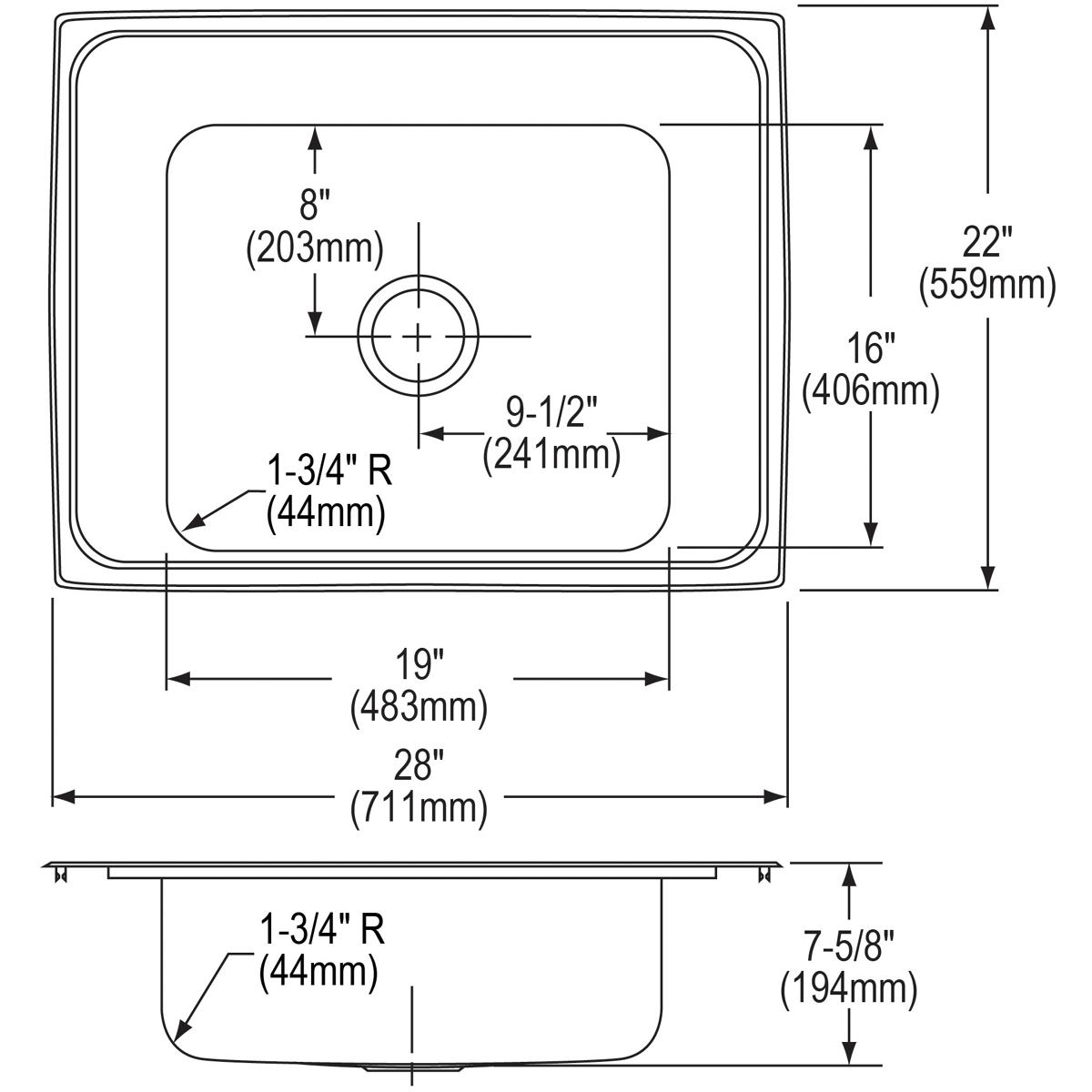 Alternate Image for Elkay Lustertone Classic 28" Drop In/Topmount Stainless Steel Classroom Sink, Lustrous Satin, 3 Faucet Holes, DRKR2822L