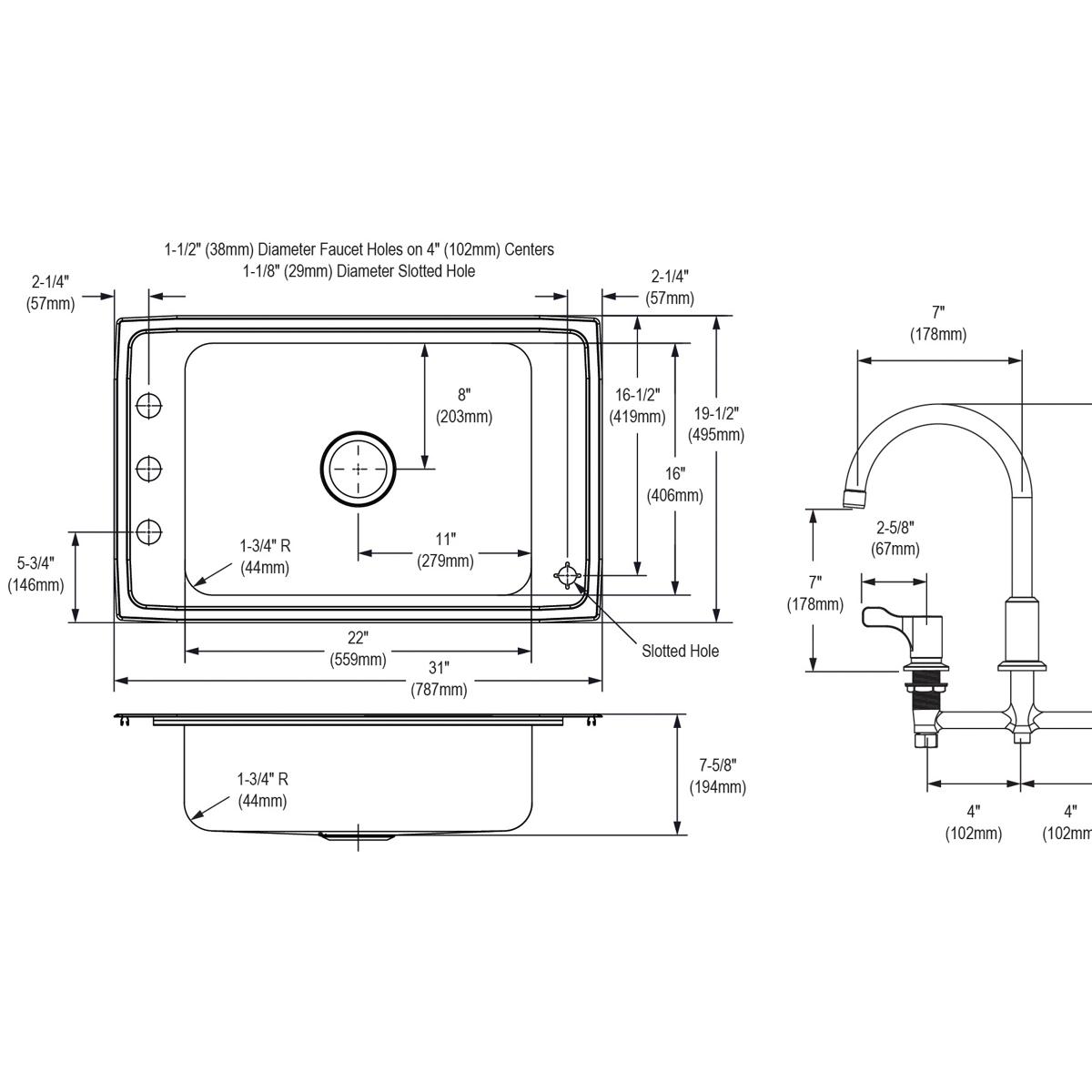 Elkay Lustertone Classic 31" Drop In/Topmount Stainless Steel Classroom Sink Kit with Faucet, Lustrous Satin, 4 Faucet Holes, DRKR3119C