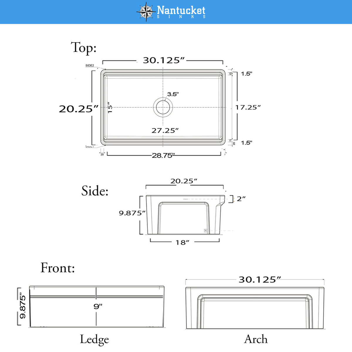 Nantucket Sinks Cape 30" Fireclay Workstation Farmhouse Sink, White, Dennis30SG