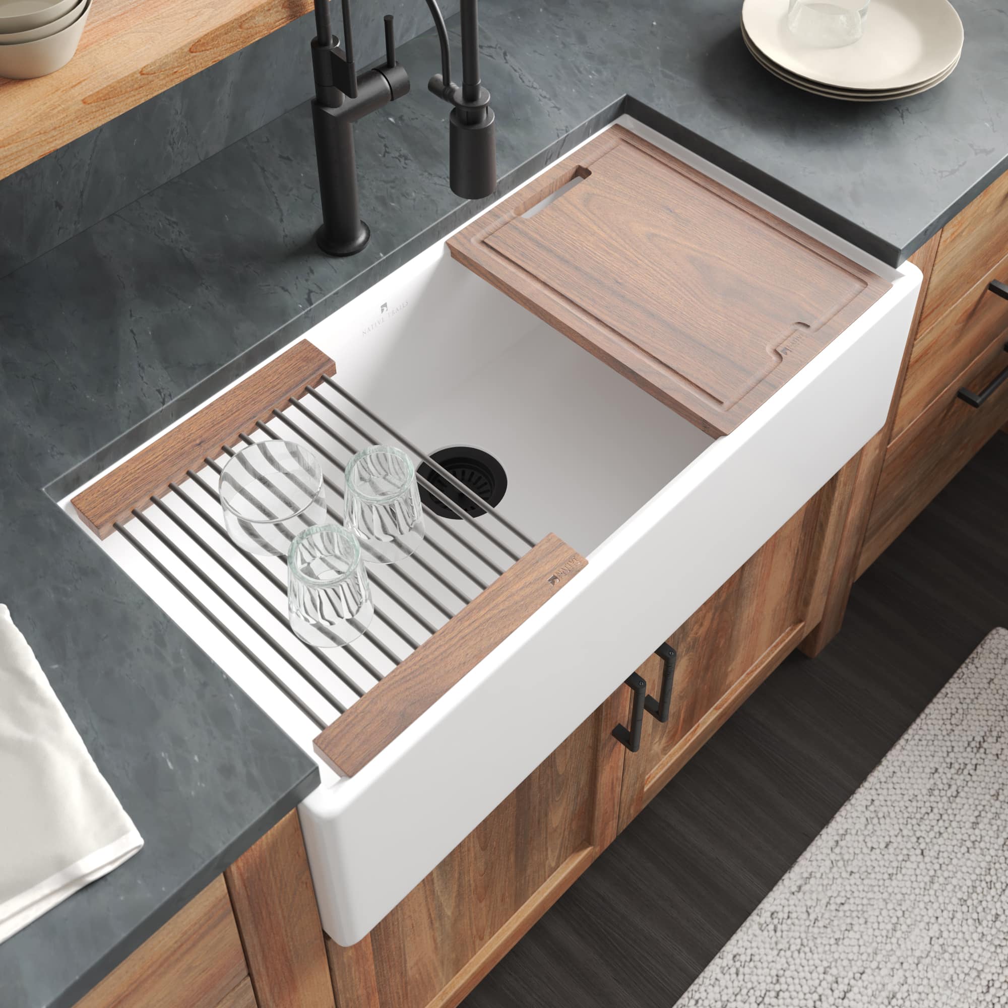 Native Trails Dreamer Concierge 36" Fireclay Workstation Farmhouse Kitchen Sink, White, FRKG3618-W
