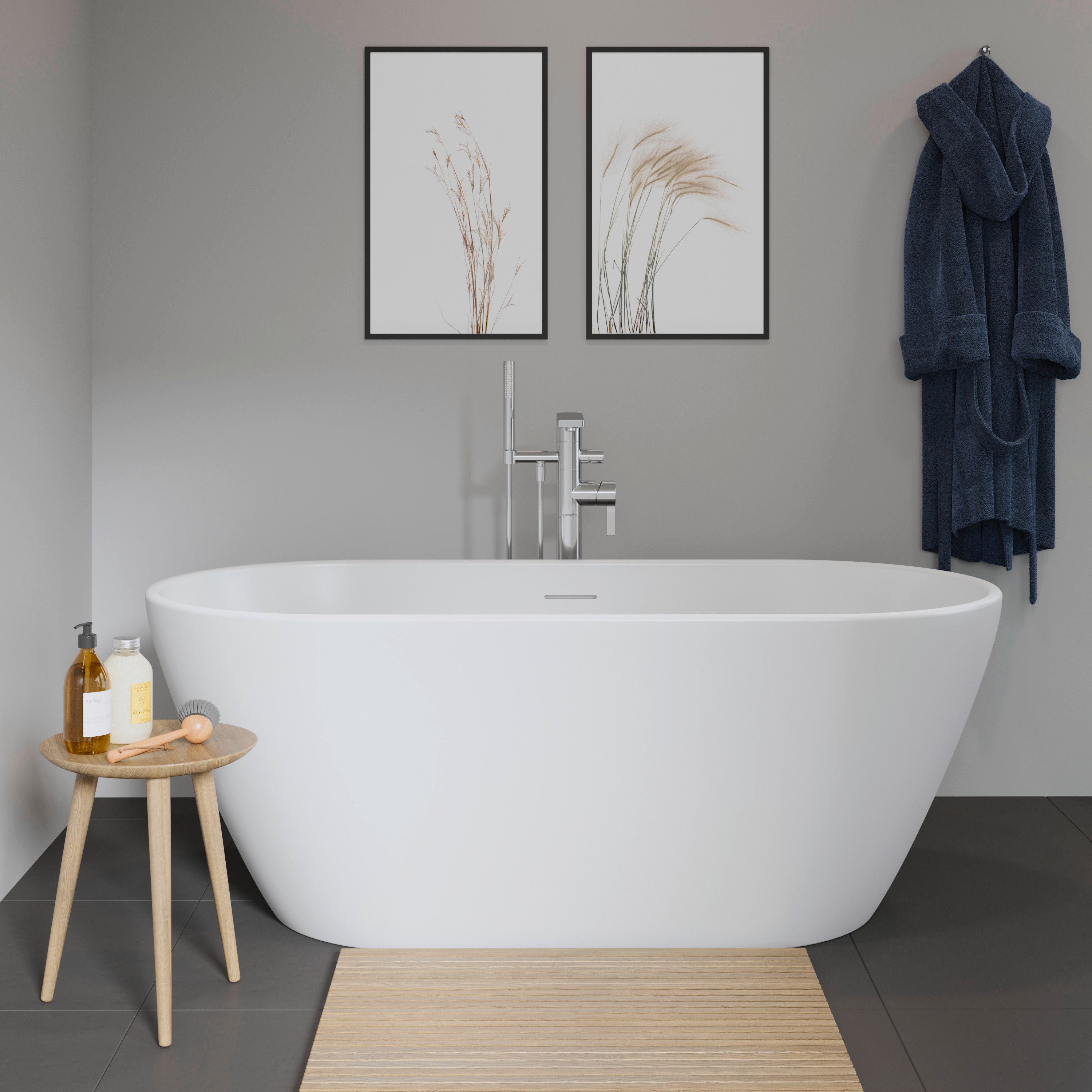 D-Neo 63" x 29 1/2" Oval Freestanding Bathtub in White Solid Surface with Center Drain, Drain Included