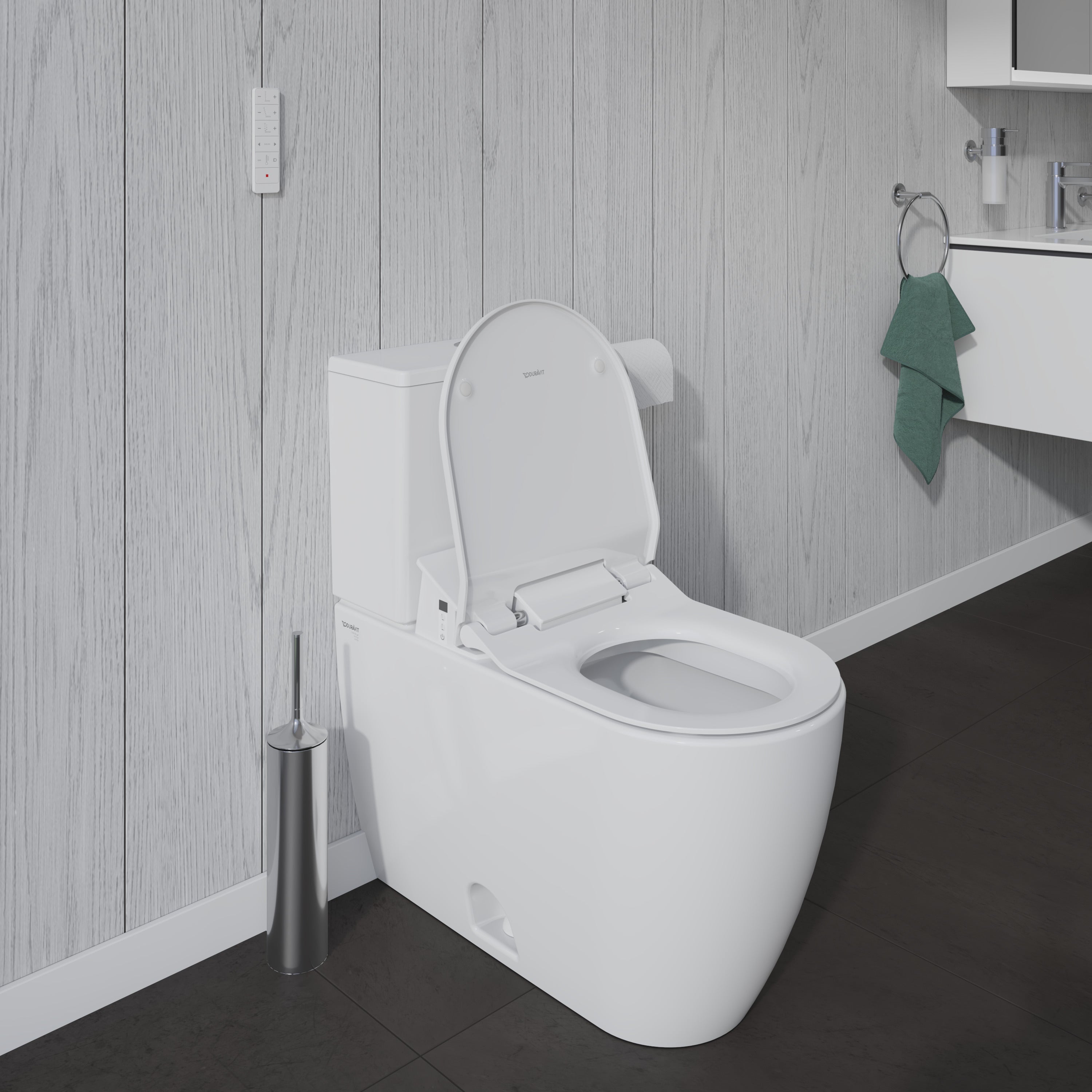 ME by Starck 1.28 GPF Single Flush Elongated Two Piece Toilet in White, Top Push Button Flush - Seat Included