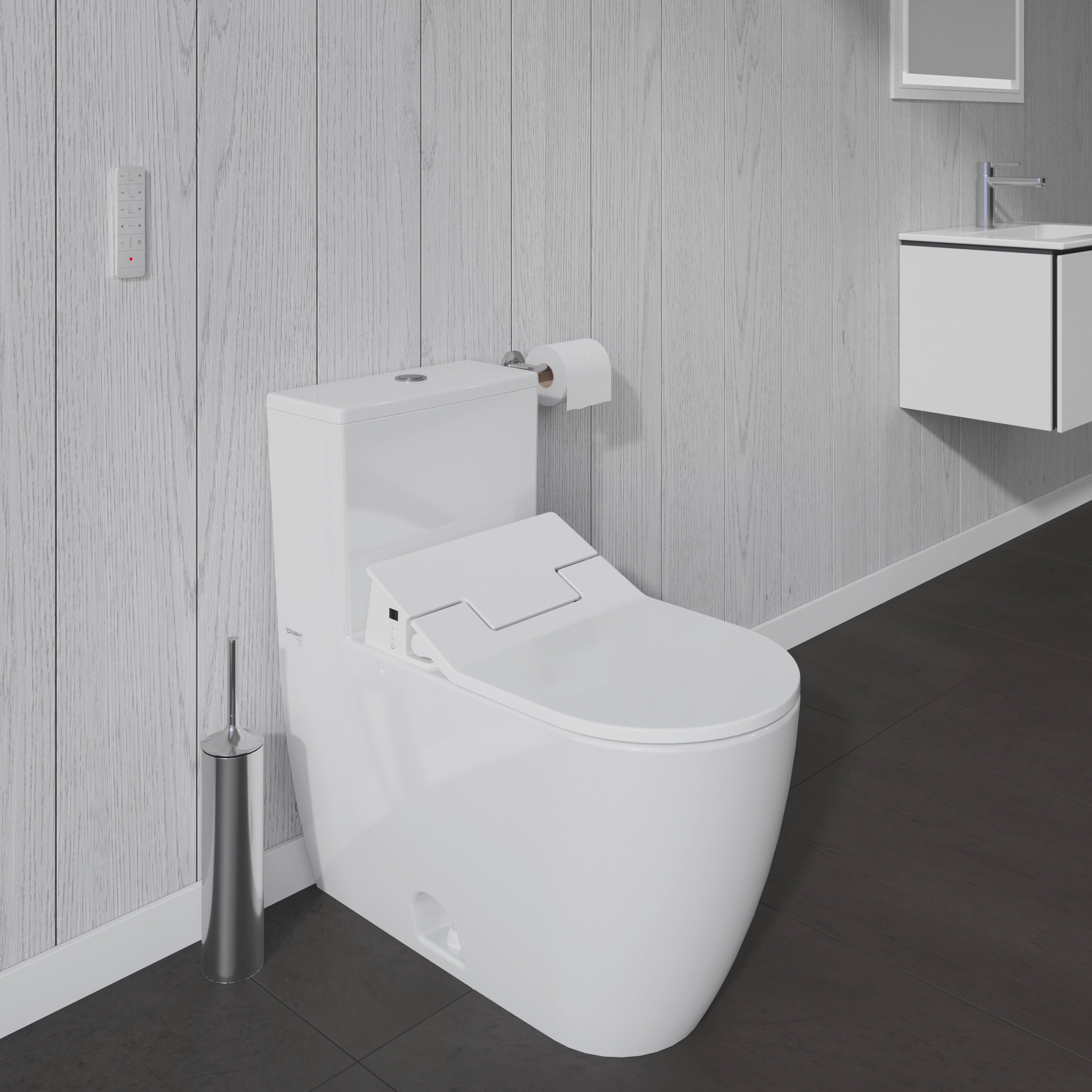 ME by Starck 1.32/0.92 GPF Dual Flush Rimless Elongated One Piece Toilet in White, Top Push Button Flush - Seat Included