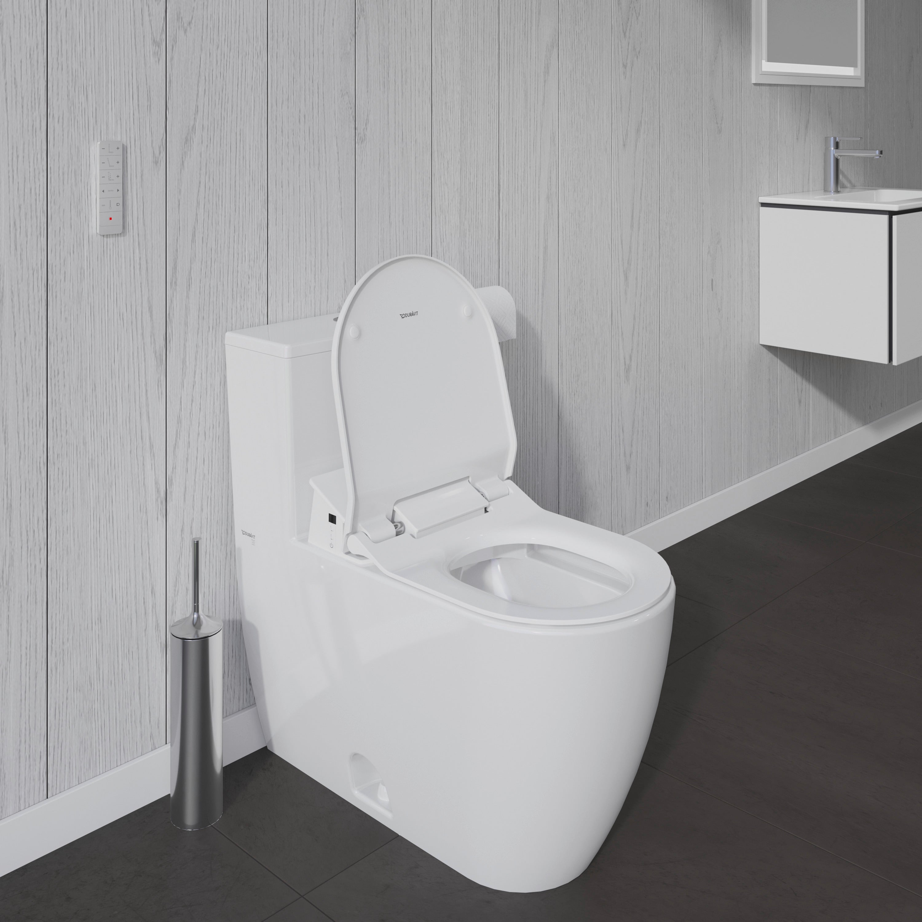 ME by Starck 1.28 GPF Single Flush Rimless Elongated One Piece Toilet in White, Top Push Button Flush - Seat Included
