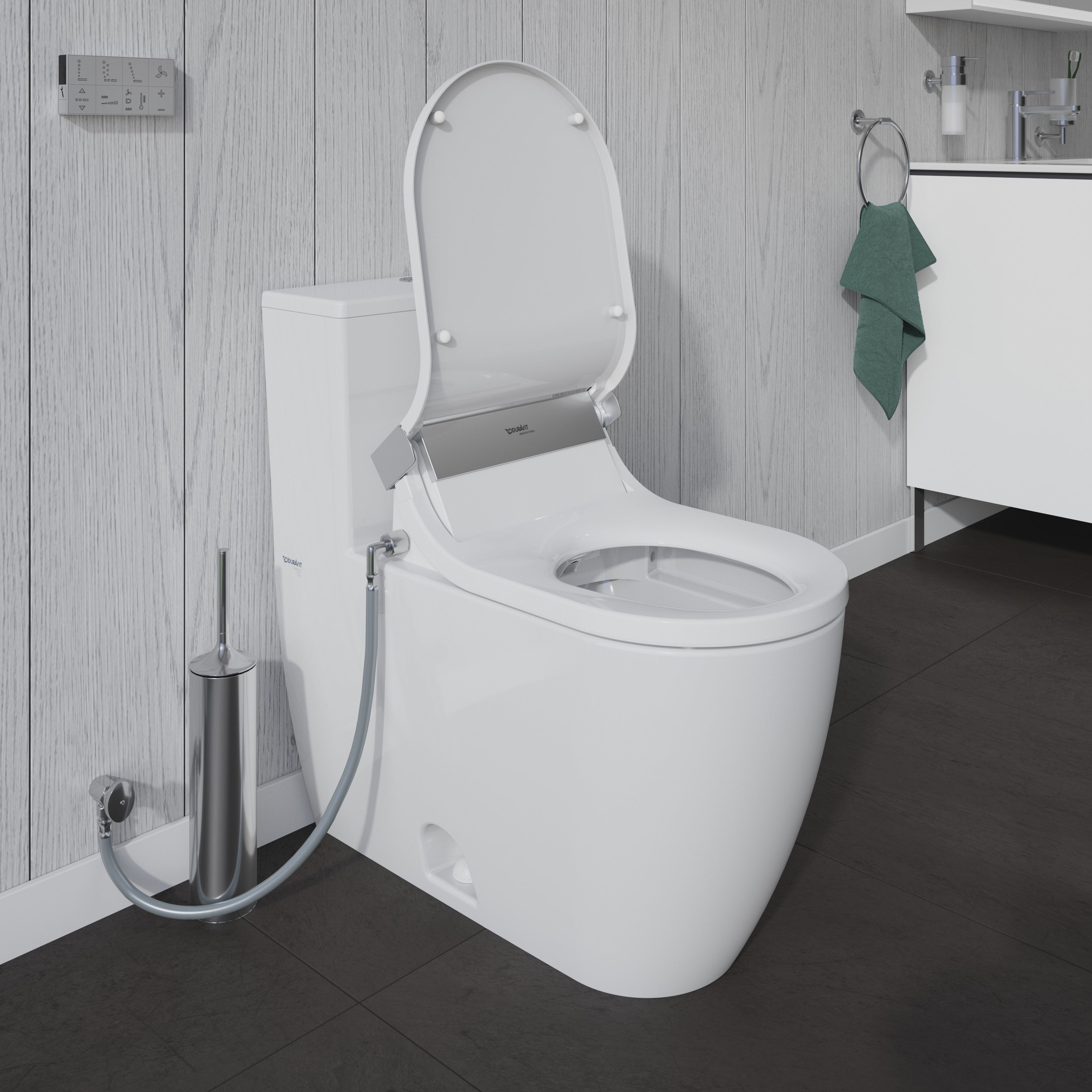 ME by Starck 1.32/0.92 GPF Dual Flush Rimless Elongated One Piece Toilet in White, Top Push Button Flush - Seat Sold Separately