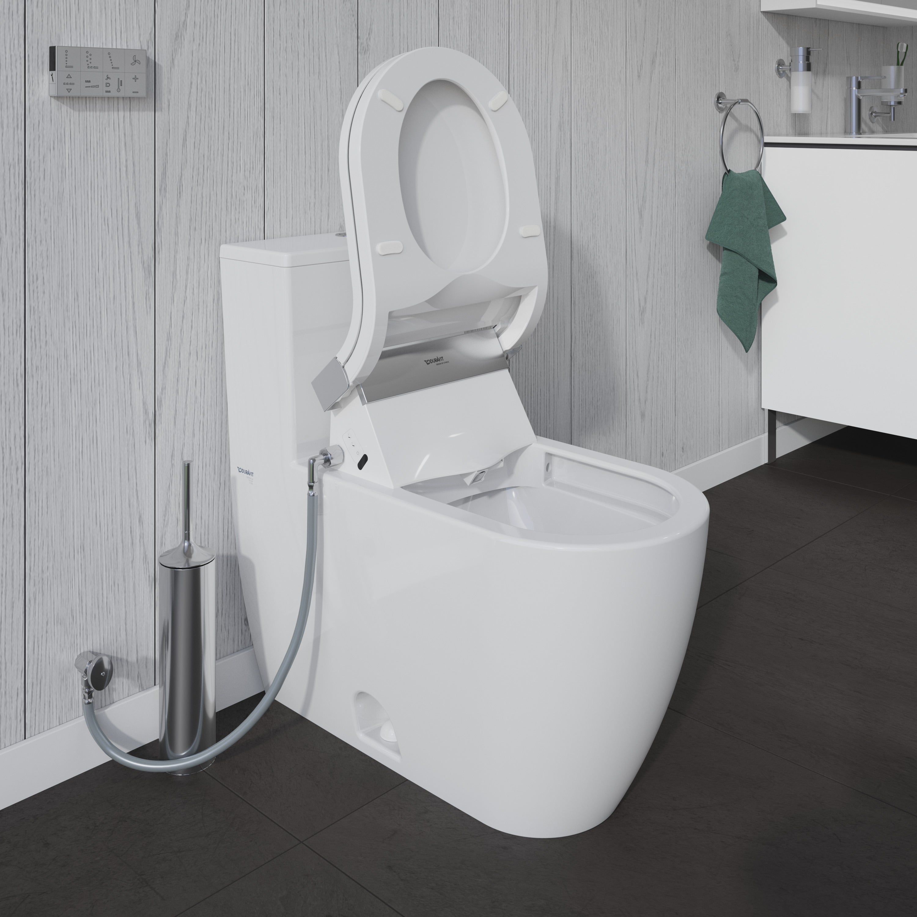ME by Starck 1.32/0.92 GPF Dual Flush Rimless Elongated One Piece Toilet in White, Top Push Button Flush - Seat Sold Separately