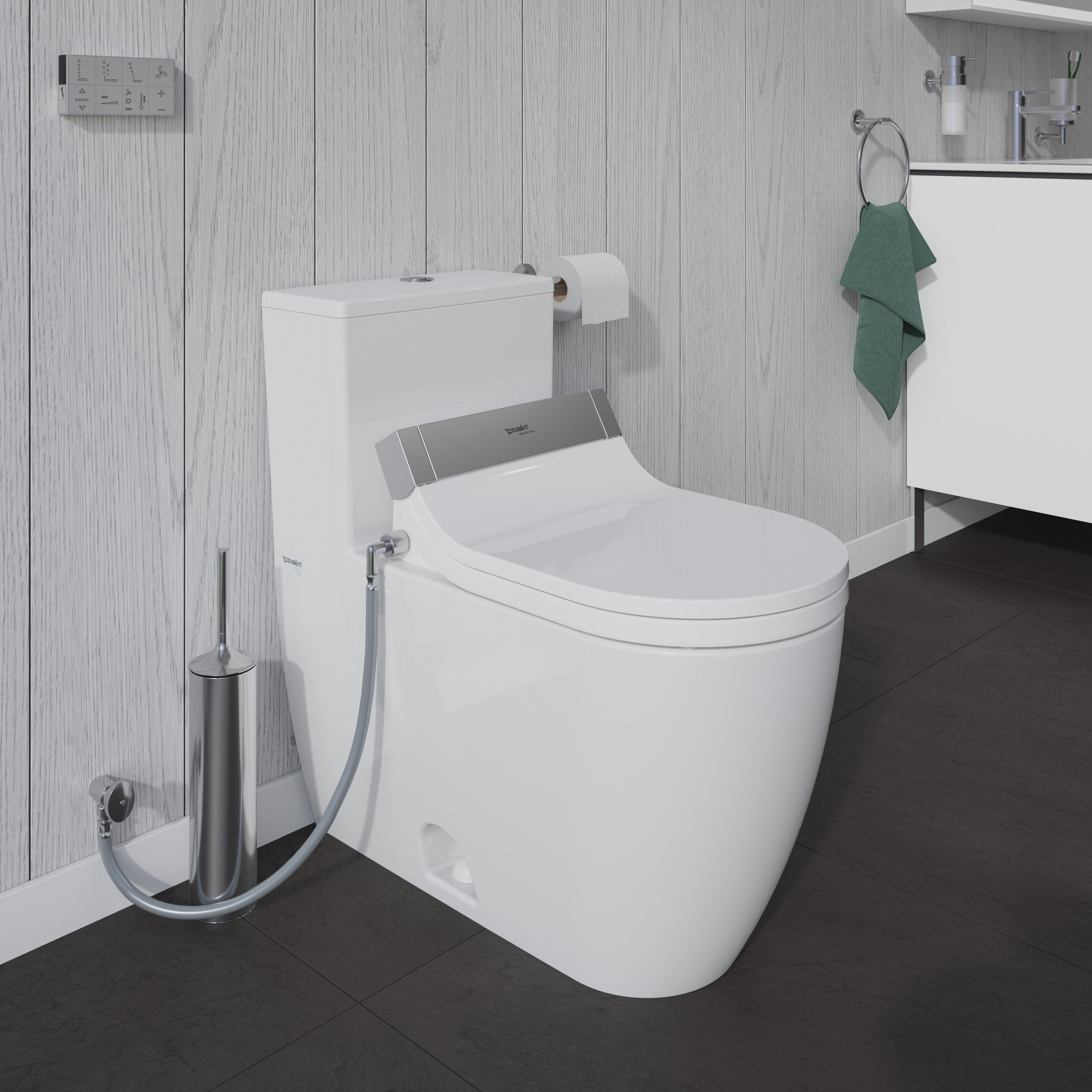 ME by Starck 1.32/0.92 GPF Dual Flush Rimless Elongated One Piece Toilet in White, Top Push Button Flush - Seat Sold Separately