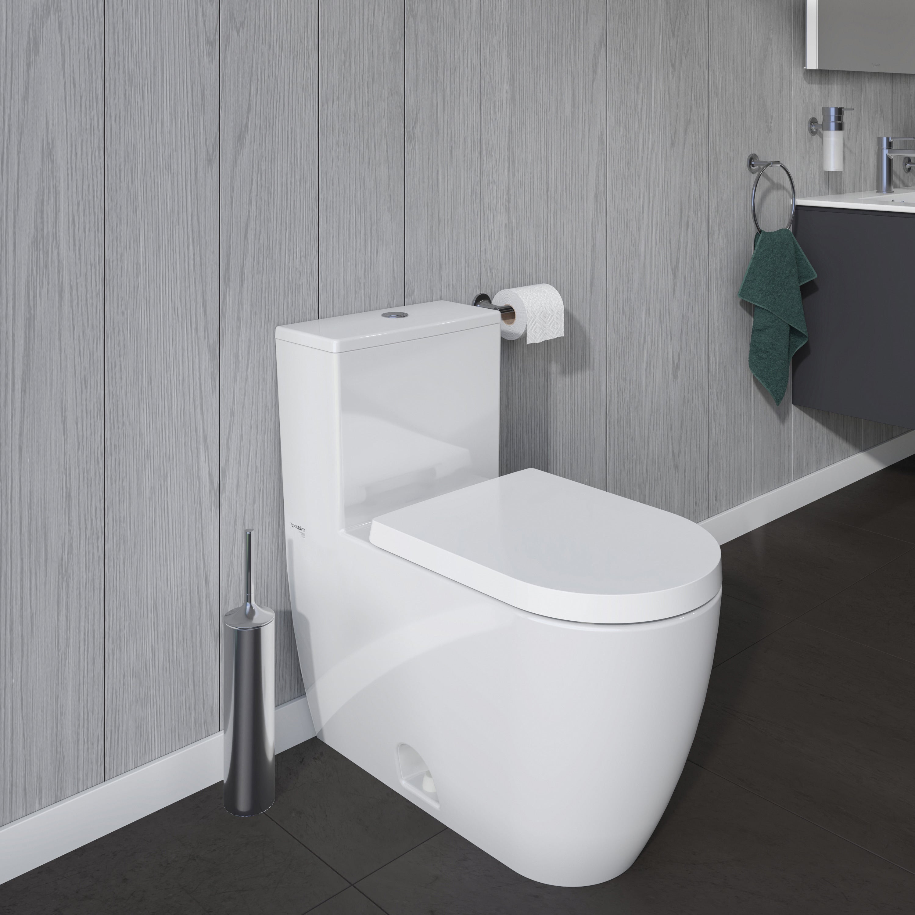 ME by Starck 1.32/0.92 GPF Dual Flush Rimless Elongated One Piece Toilet in White, Top Push Button Flush - Seat Sold Separately