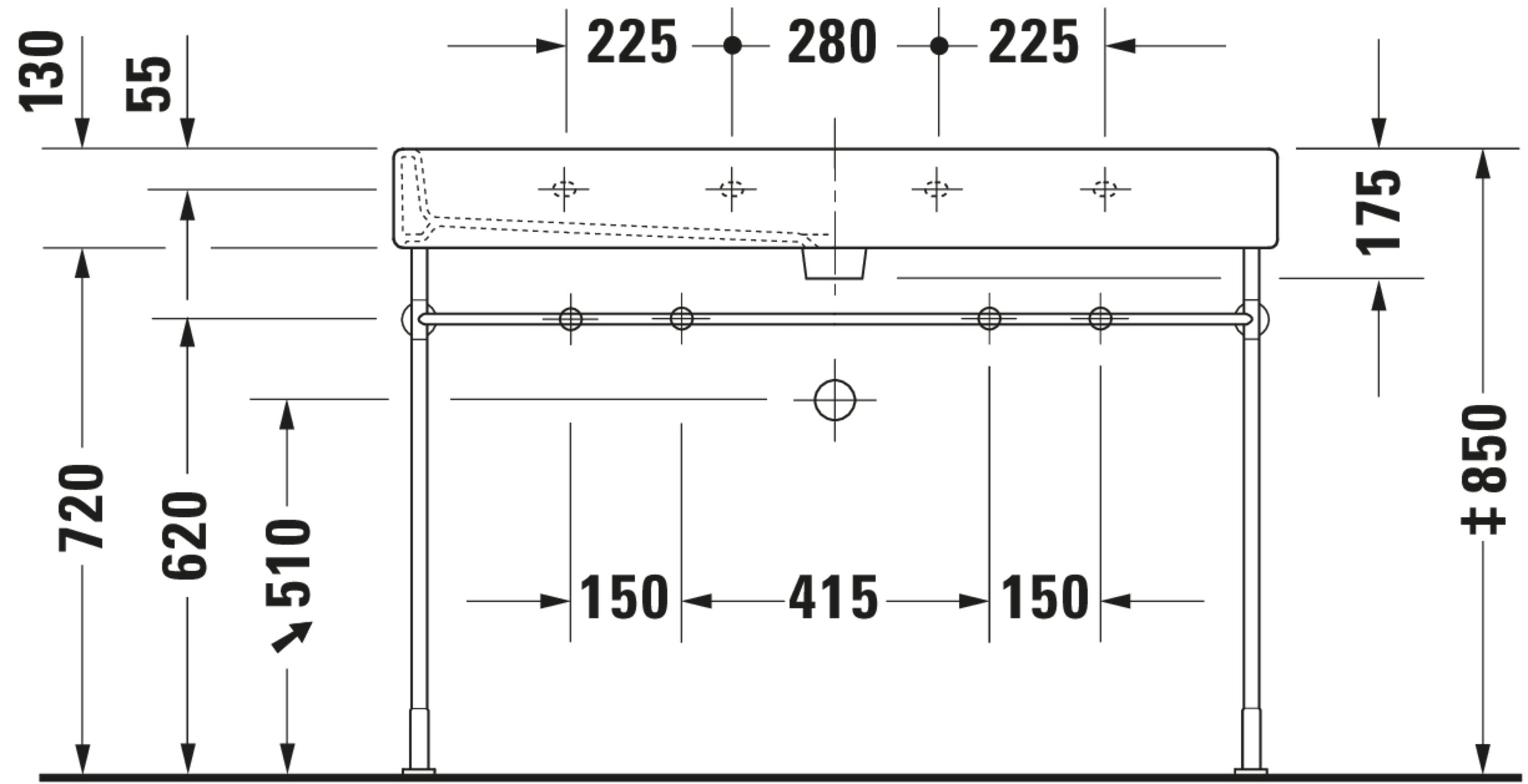 Vero 47 1/4" Rectangular Wall Mounted Sink in White with Two Sets of Single Faucet Holes and with Overflow