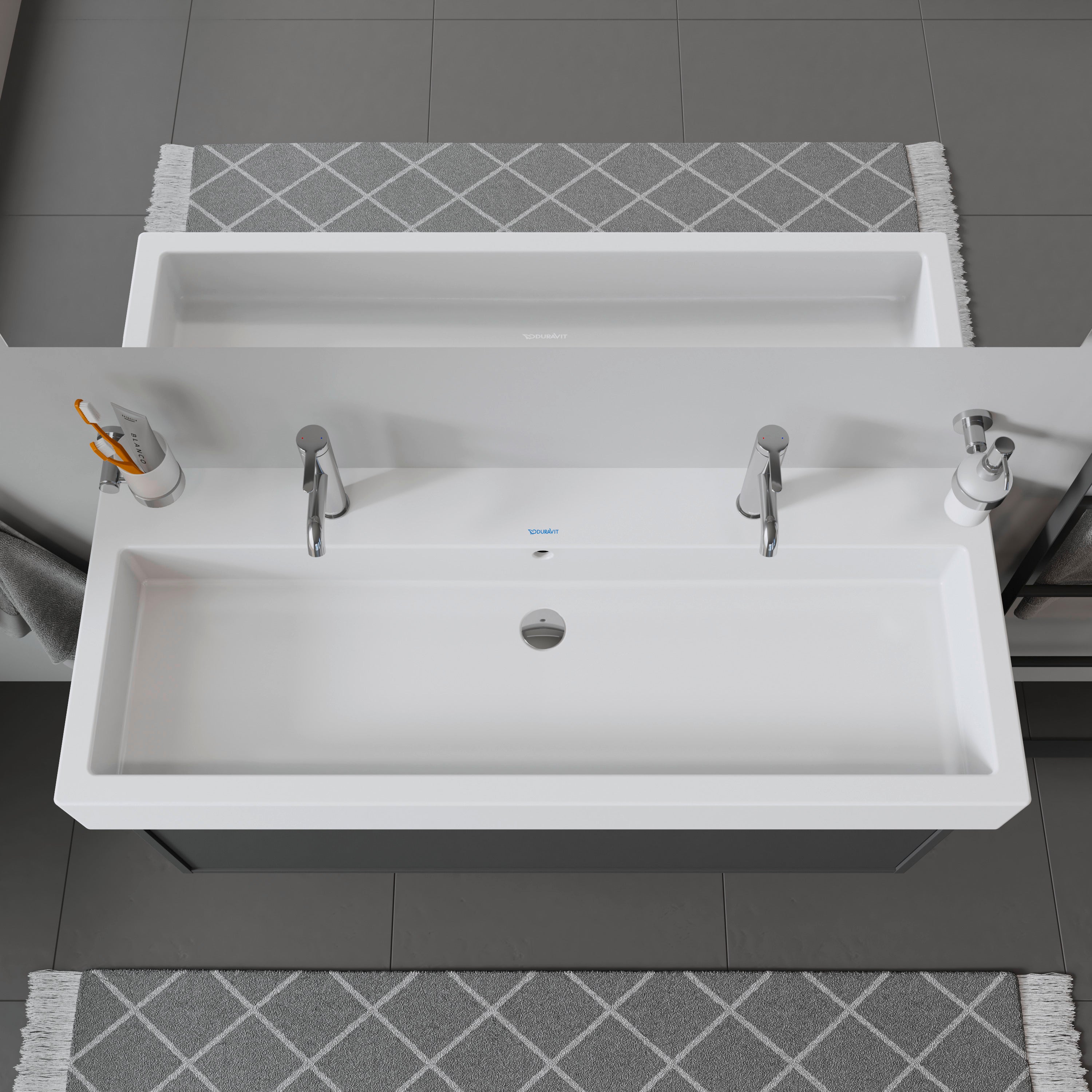 Vero 47 1/4" Rectangular Wall Mounted Sink in White with Two Sets of Single Faucet Holes and with Overflow