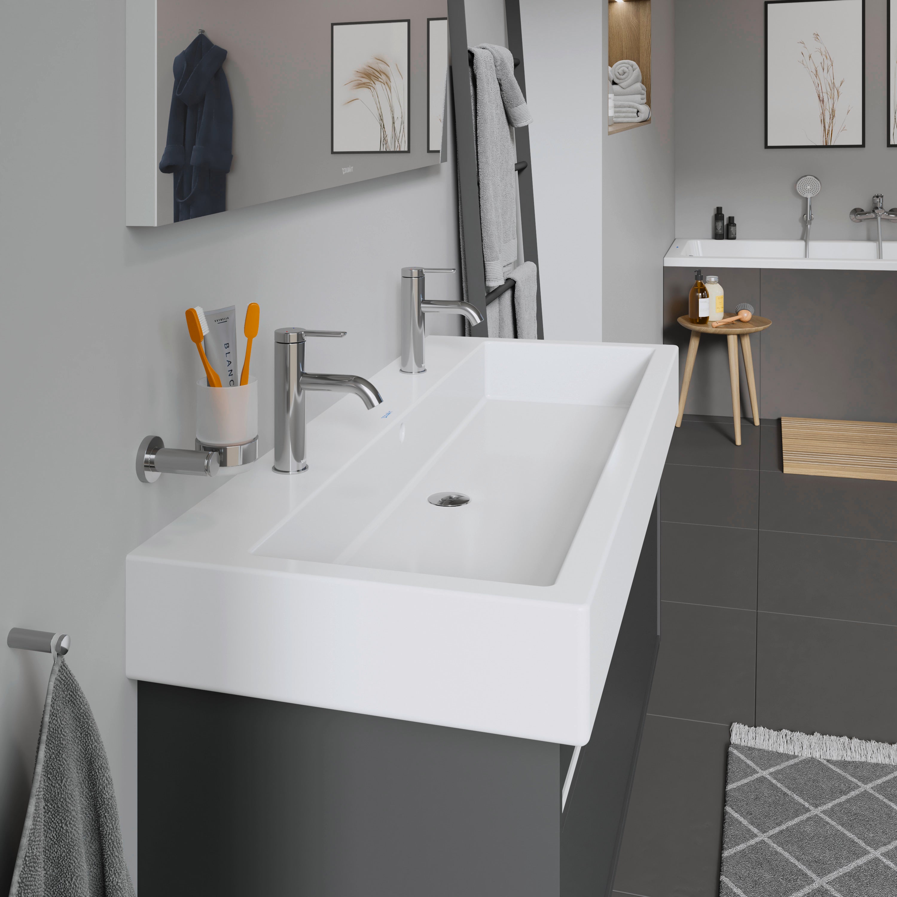 Vero 47 1/4" Rectangular Wall Mounted Sink in White with Two Sets of Single Faucet Holes and with Overflow