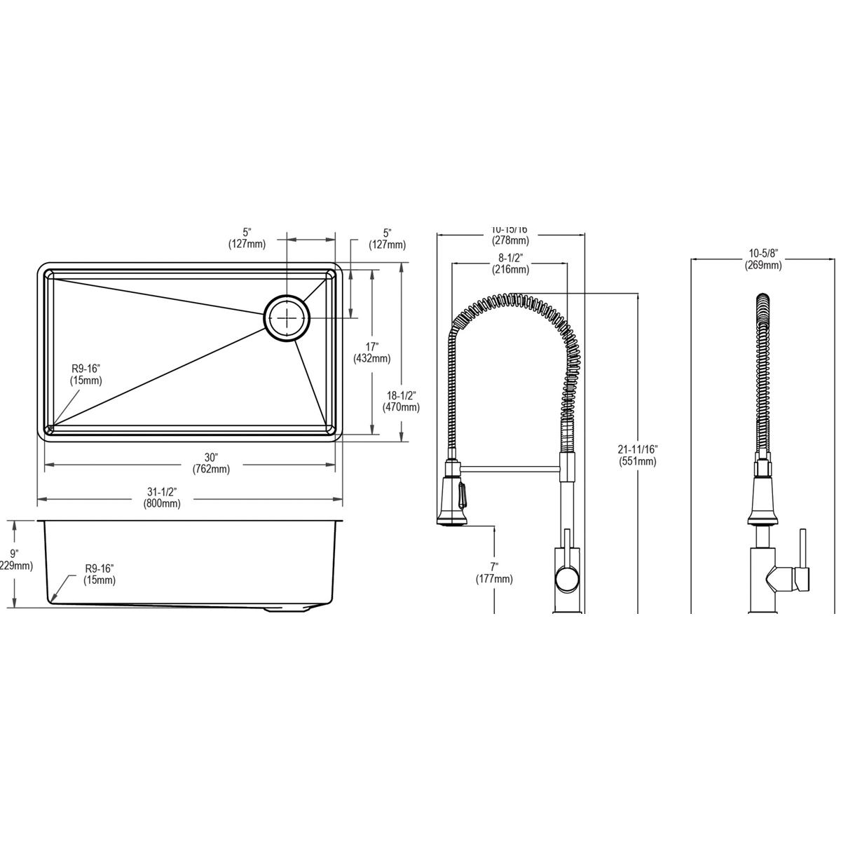 Alternate Image for Elkay Crosstown 32" Undermount Stainless Steel Kitchen Sink with Faucet, Polished Satin, 18 Gauge, ECTRU30179RTFBC