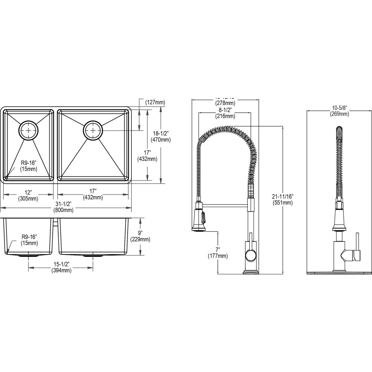 Alternate Image for Elkay Crosstown 32" Undermount Stainless Steel Kitchen Sink with Faucet, 40/60 Double Bowl, Polished Satin, 18 Gauge, ECTRU32179LTFBC