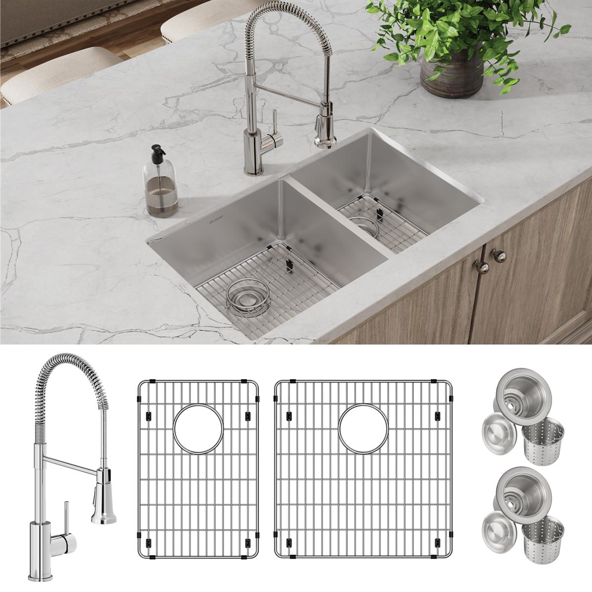 Alternate Image for Elkay Crosstown 32" Undermount Stainless Steel Kitchen Sink with Faucet, 60/40 Double Bowl, Polished Satin, 18 Gauge, ECTRU32179RTFBC