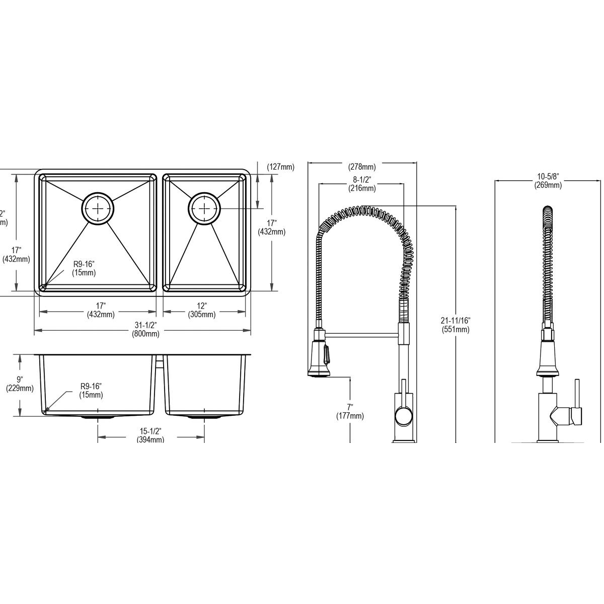 Alternate Image for Elkay Crosstown 32" Undermount Stainless Steel Kitchen Sink with Faucet, 60/40 Double Bowl, Polished Satin, 18 Gauge, ECTRU32179RTFBC