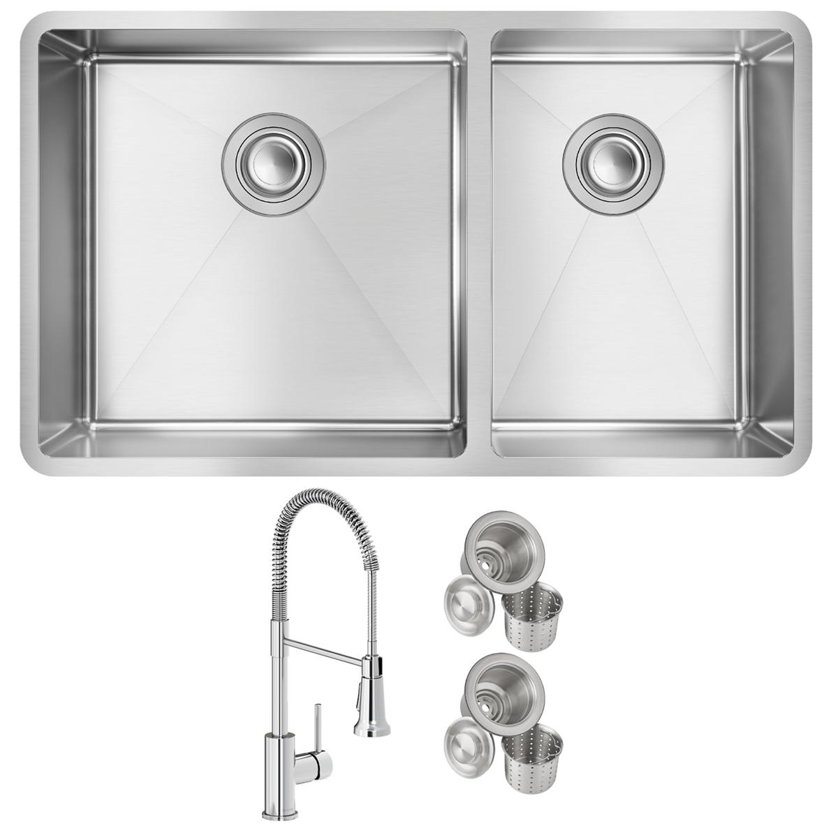 Alternate Image for Elkay Crosstown 32" Undermount Stainless Steel Kitchen Sink with Faucet, 60/40 Double Bowl, Polished Satin, 18 Gauge, ECTRU32179RTFCC