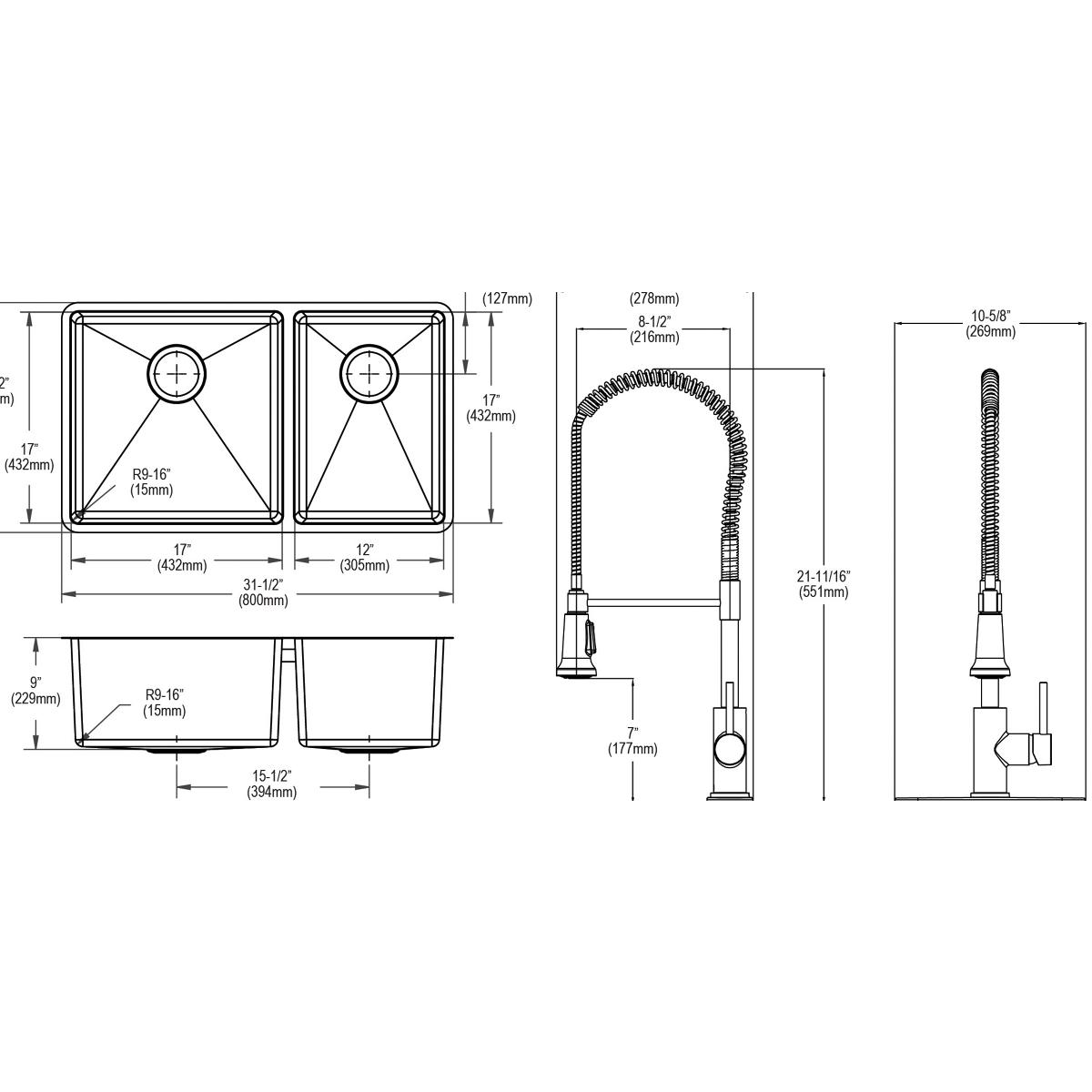 Alternate Image for Elkay Crosstown 32" Undermount Stainless Steel Kitchen Sink with Faucet, 60/40 Double Bowl, Polished Satin, 18 Gauge, ECTRU32179RTFCC
