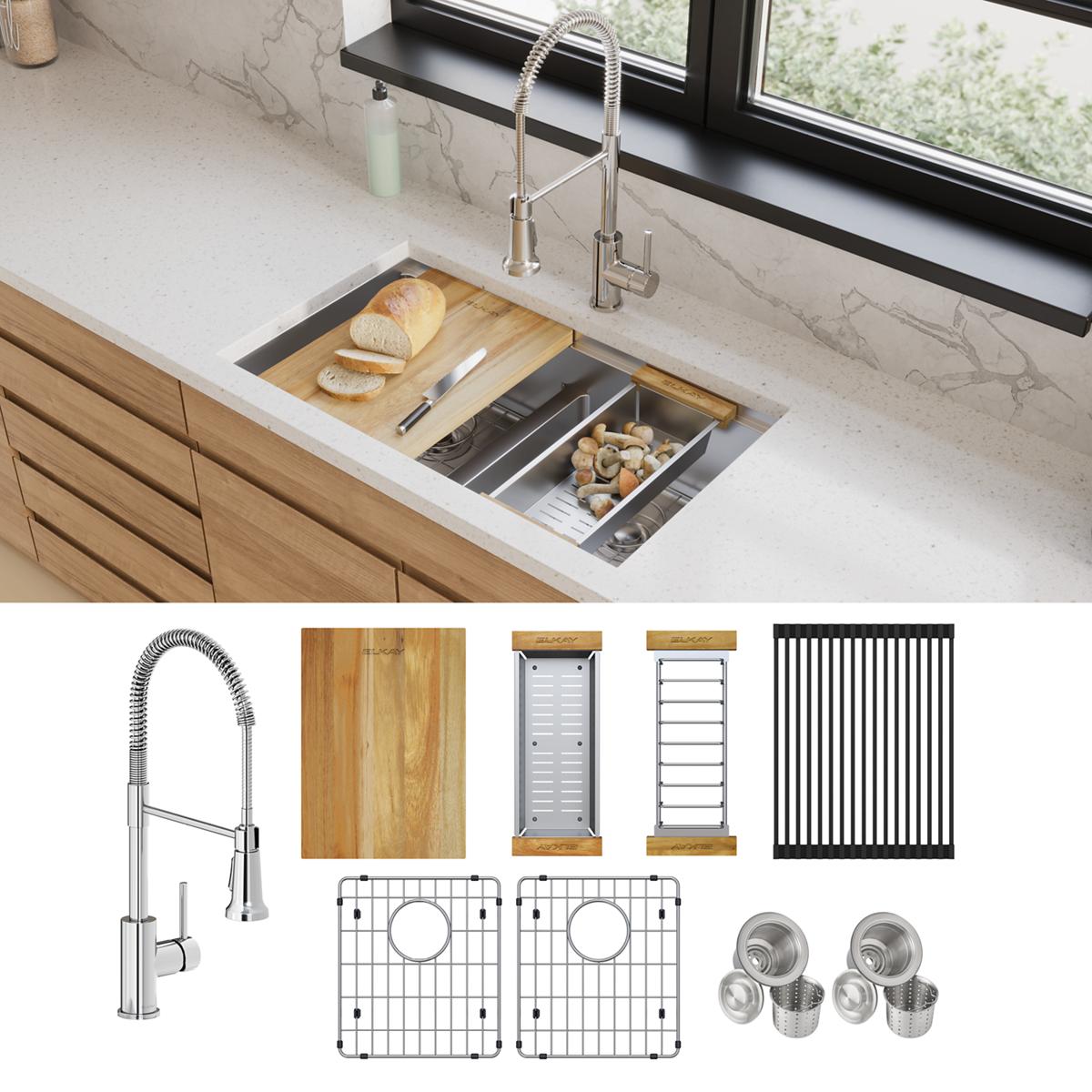 Alternate Image for Elkay Crosstown 32" Undermount Stainless Steel Workstation Kitchen Sink with Faucet, 50/50 with Aqua Divide Double Bowl, Polished Satin, 18 Gauge, ECTRUA31169TFCW