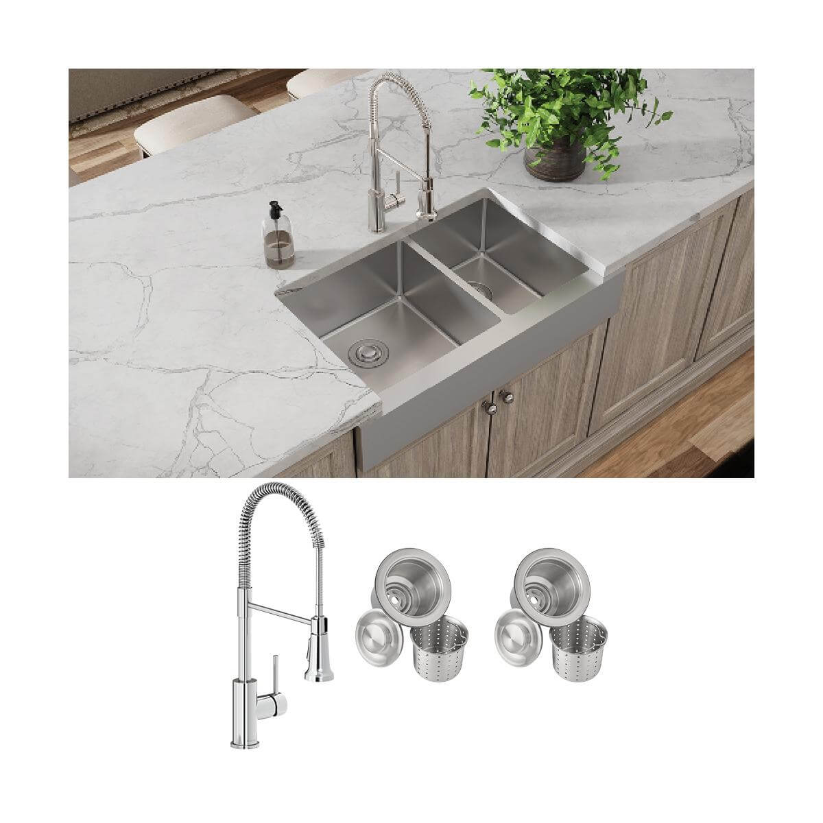 Alternate Image for Elkay Crosstown 36" Stainless Steel Farmhouse Sink with Faucet, 60/40 Double Bowl, Polished Satin, 18 Gauge, ECTRUF32179RFCC