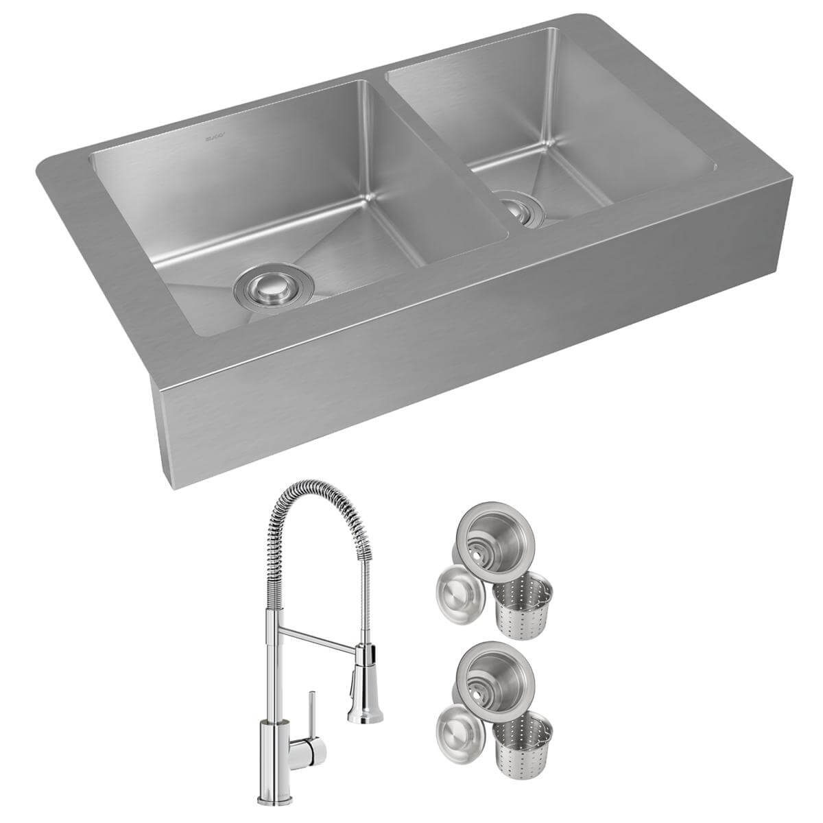 Alternate Image for Elkay Crosstown 36" Stainless Steel Farmhouse Sink with Faucet, 60/40 Double Bowl, Polished Satin, 18 Gauge, ECTRUF32179RFCC