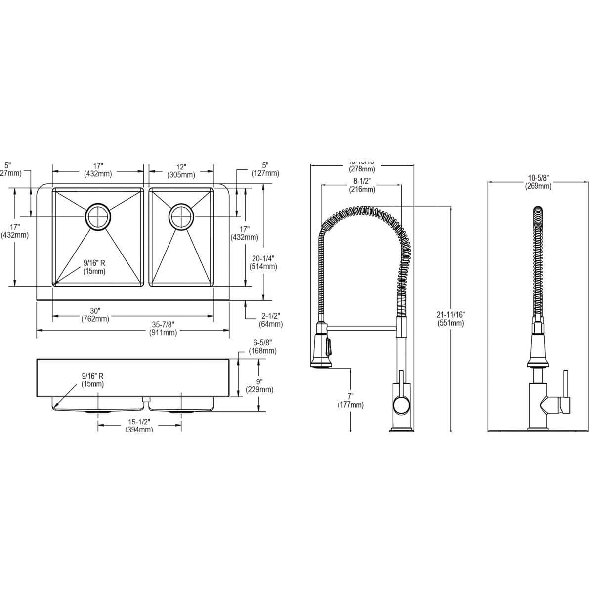 Alternate Image for Elkay Crosstown 36" Stainless Steel Farmhouse Sink with Faucet, 60/40 Double Bowl, Polished Satin, 18 Gauge, ECTRUF32179RFCC