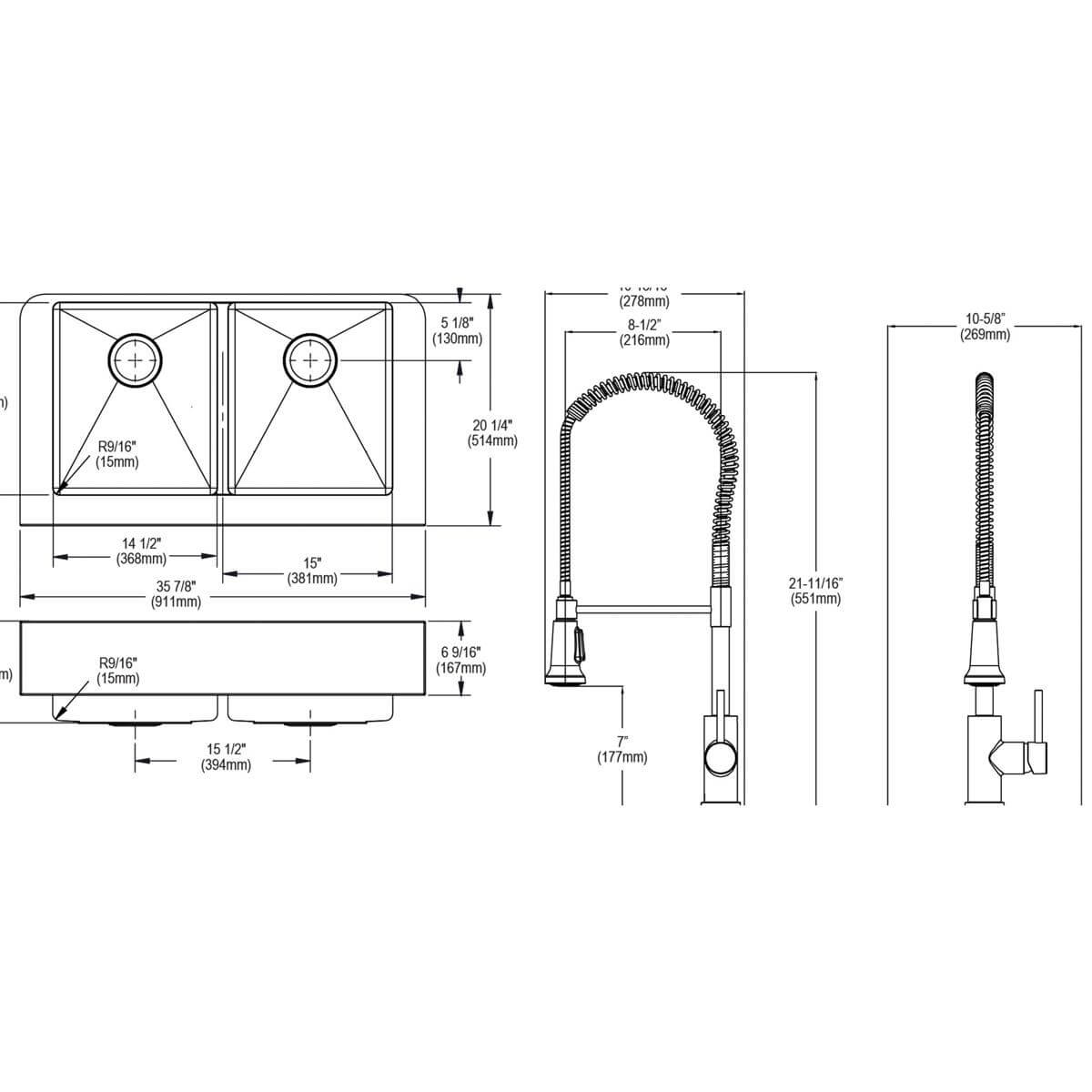 Alternate Image for Elkay Crosstown 36" Stainless Steel Farmhouse Sink with Faucet, 50/50 with Aqua Divide Double Bowl, Polished Satin, 18 Gauge, ECTRUFA32179FCC