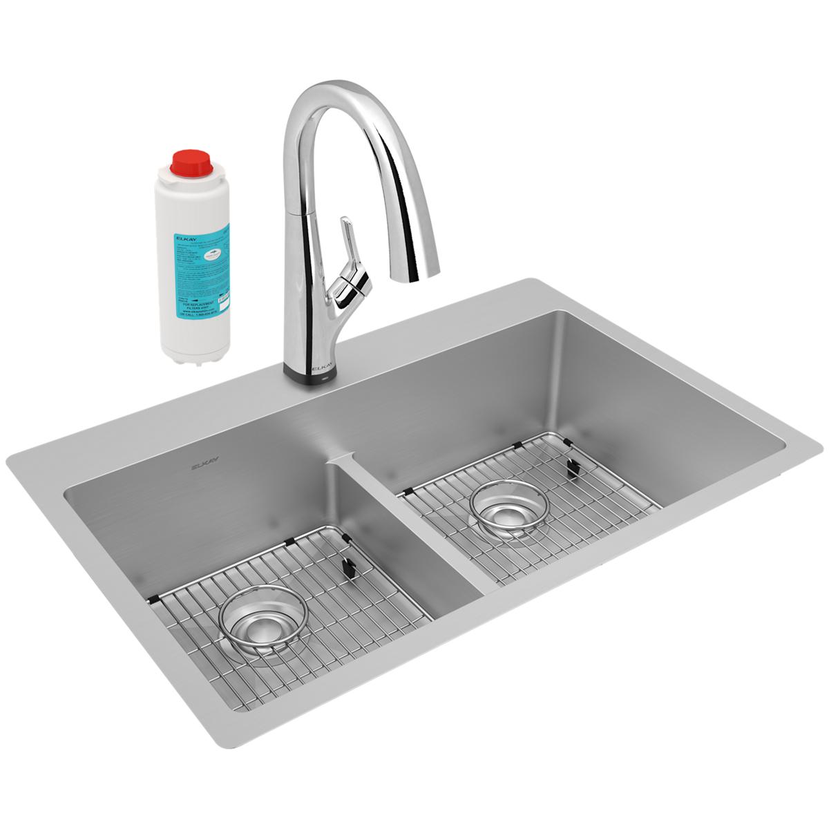 Alternate Image for Elkay Crosstown 33" Dual Mount Stainless Steel Kitchen Sink Kit with Faucet, 50/50 with Aqua Divide Double Bowl, 18 Gauge, ECTSRA33229TFLC