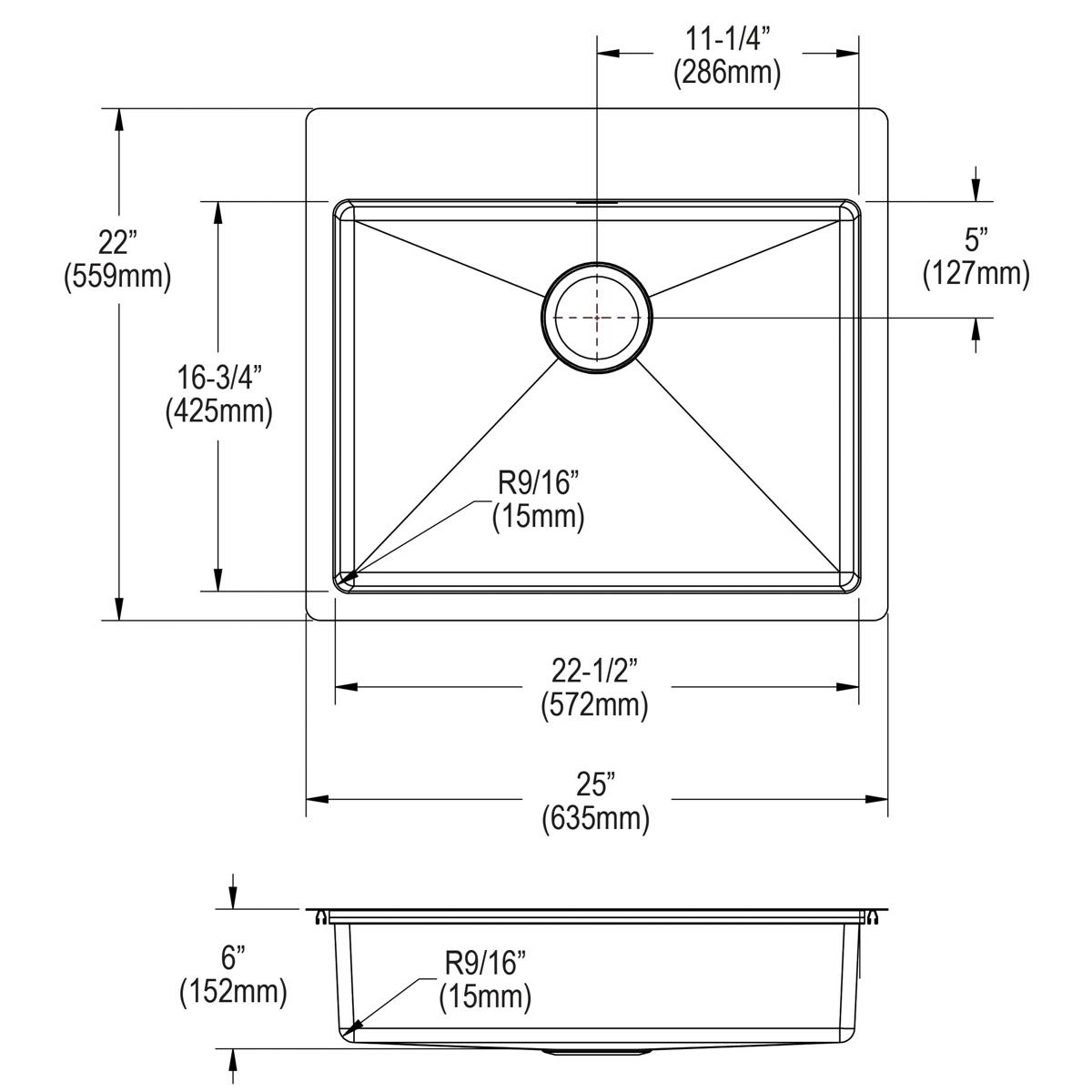Alternate Image for Elkay Crosstown 25" Dual Mount Stainless Steel ADA Kitchen Sink, Polished Satin, 1 Faucet Hole, ECTSRAD2522601