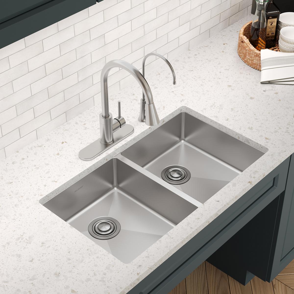 Elkay Crosstown 33" Dual Mount Stainless Steel ADA Kitchen Sink, 50/50 Double Bowl, Polished Satin, 2 Faucet Holes, ECTSRAD3322602