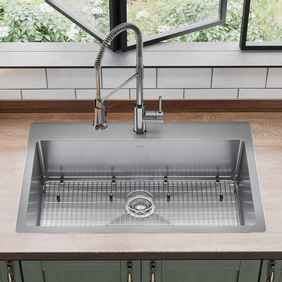 Elkay Crosstown 33" Dual Mount Stainless Steel Kitchen Sink Kit with Faucet, Polished Satin, 1 Faucet Hole, ECTSRS33229TFC