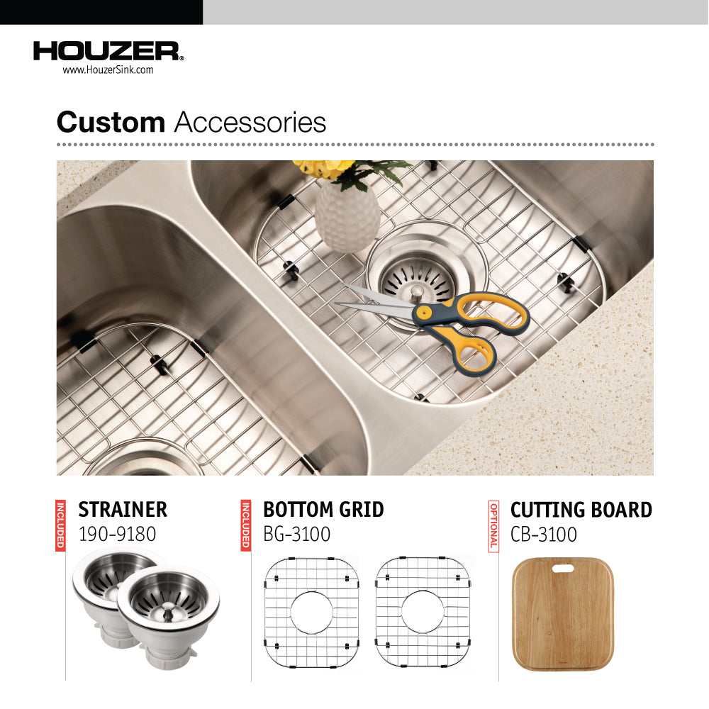 Alternate Image for Houzer Elite 31 inch Stainless Steel Undermount 50/50 Double Bowl Kitchen Sink with Strainer & Grid - 20 Gauge, ED-3108-C