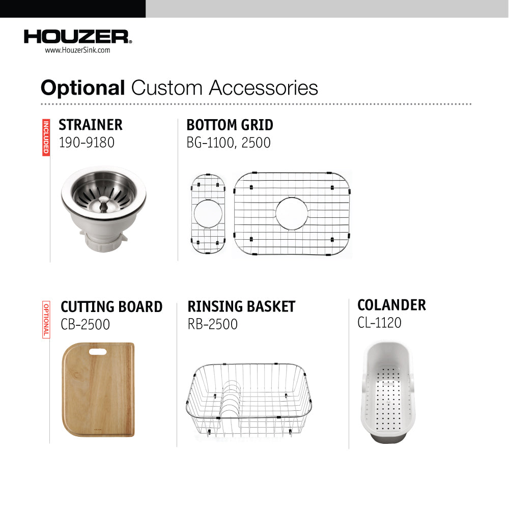 Alternate Image for Houzer Elite 31 inch Stainless Steel Undermount 80/20 Small Left Double Bowl Kitchen Sink with Strainer & Grids - 20 Gauge, EHD-3118-C