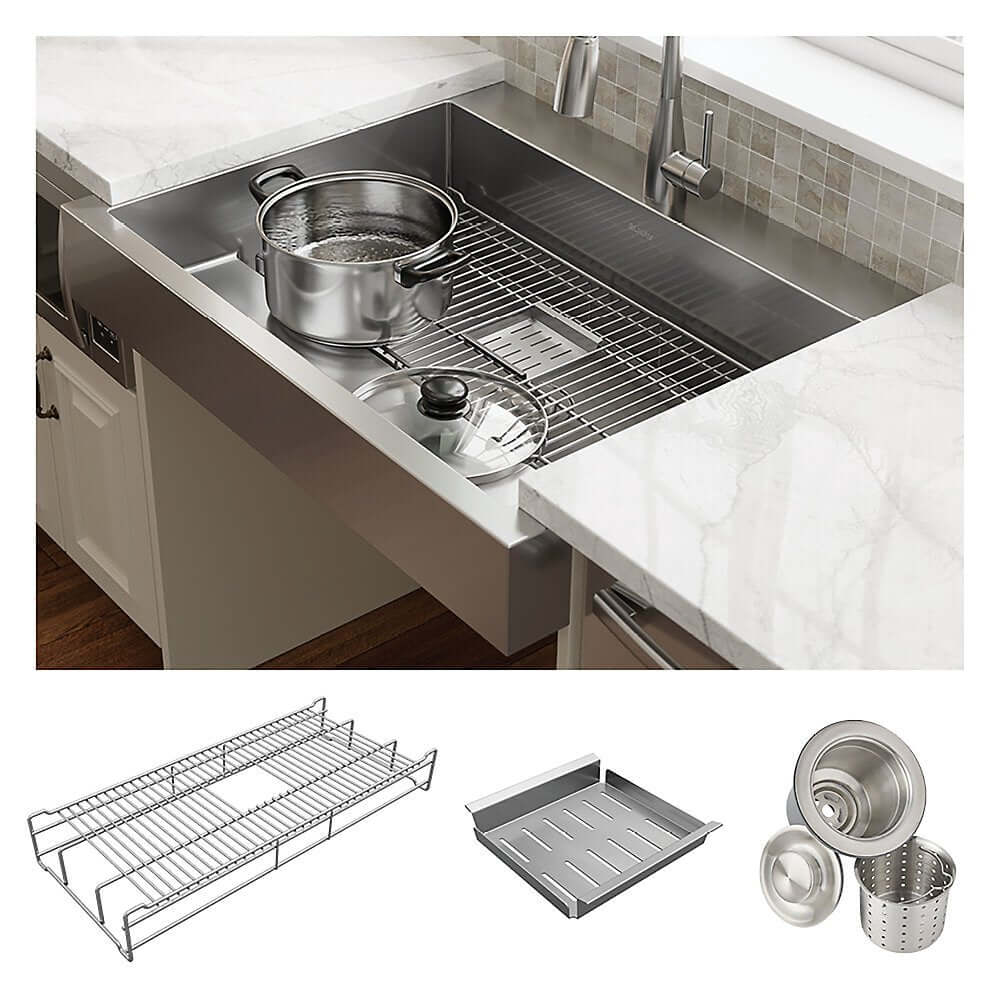 Alternate Image for Elkay 36" Stainless Steel ADA Compliant Workstation Farmhouse Sink, Polished Satin, 1 Faucet Hole, ELDSSF36279DBG