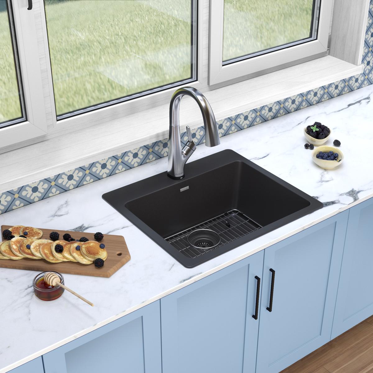 Alternate Image for Elkay Quartz Classic 25" Drop In/Topmount Quartz Kitchen Sink Kit with Faucet, Single Bowl Black, 5 Pre-scored Faucet Holes, ELG2522BK0FLC