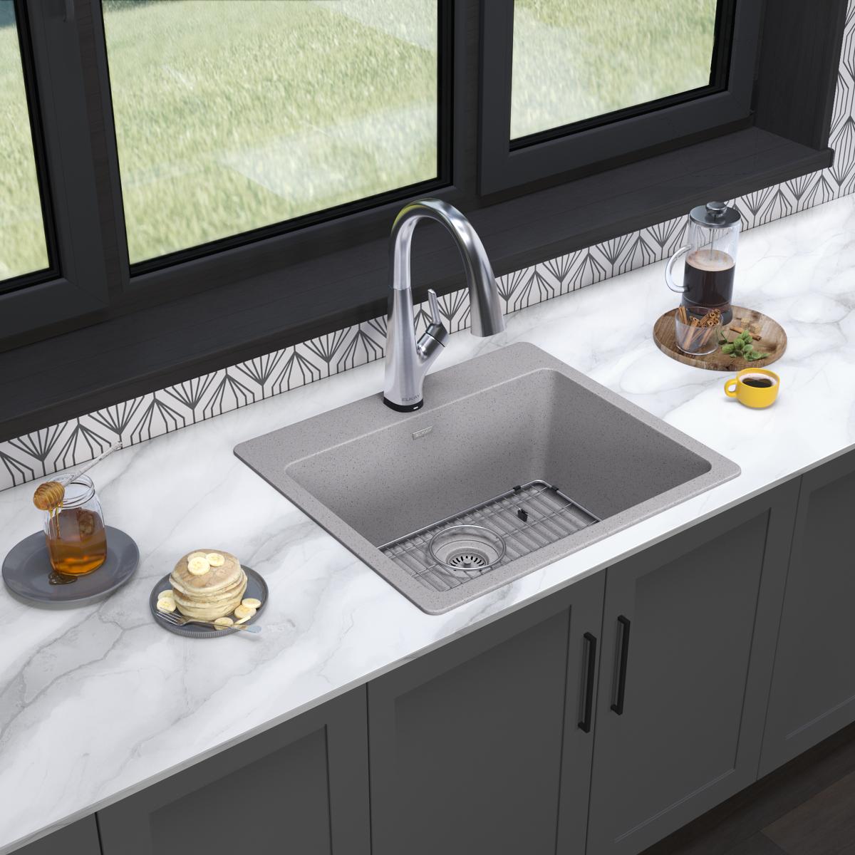 Elkay Quartz Classic 25" Drop In/Topmount Quartz Kitchen Sink Kit with Faucet, Single Bowl Greystone, 5 Pre-scored Faucet Holes, ELG2522GS0FLC