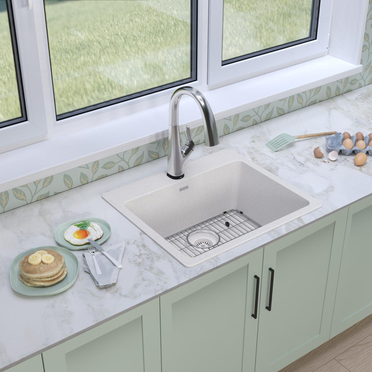 Elkay Quartz Classic 25" Drop In/Topmount Quartz Kitchen Sink Kit with Faucet, Single Bowl White, 5 Pre-scored Faucet Holes, ELG2522WH0FLC