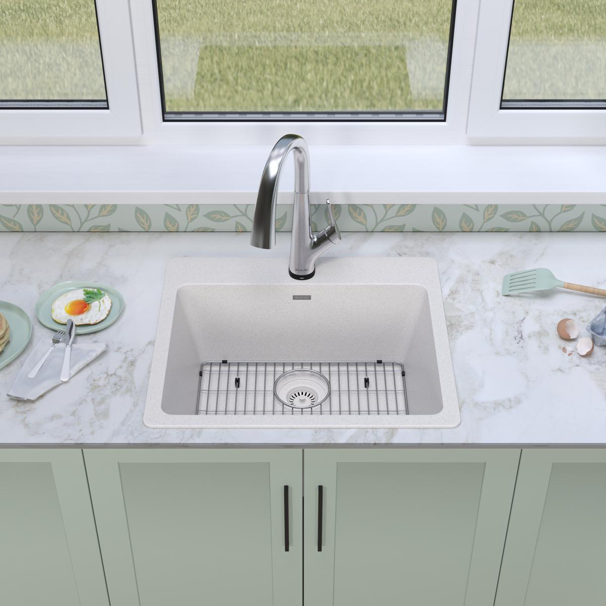 Alternate Image for Elkay Quartz Classic 25" Drop In/Topmount Quartz Kitchen Sink Kit with Faucet, Single Bowl White, 5 Pre-scored Faucet Holes, ELG2522WH0FLC