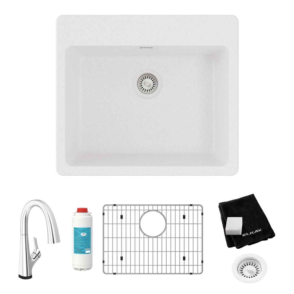 Alternate Image for Elkay Quartz Classic 25" Drop In/Topmount Quartz Kitchen Sink Kit with Faucet, Single Bowl White, 5 Pre-scored Faucet Holes, ELG2522WH0FLC