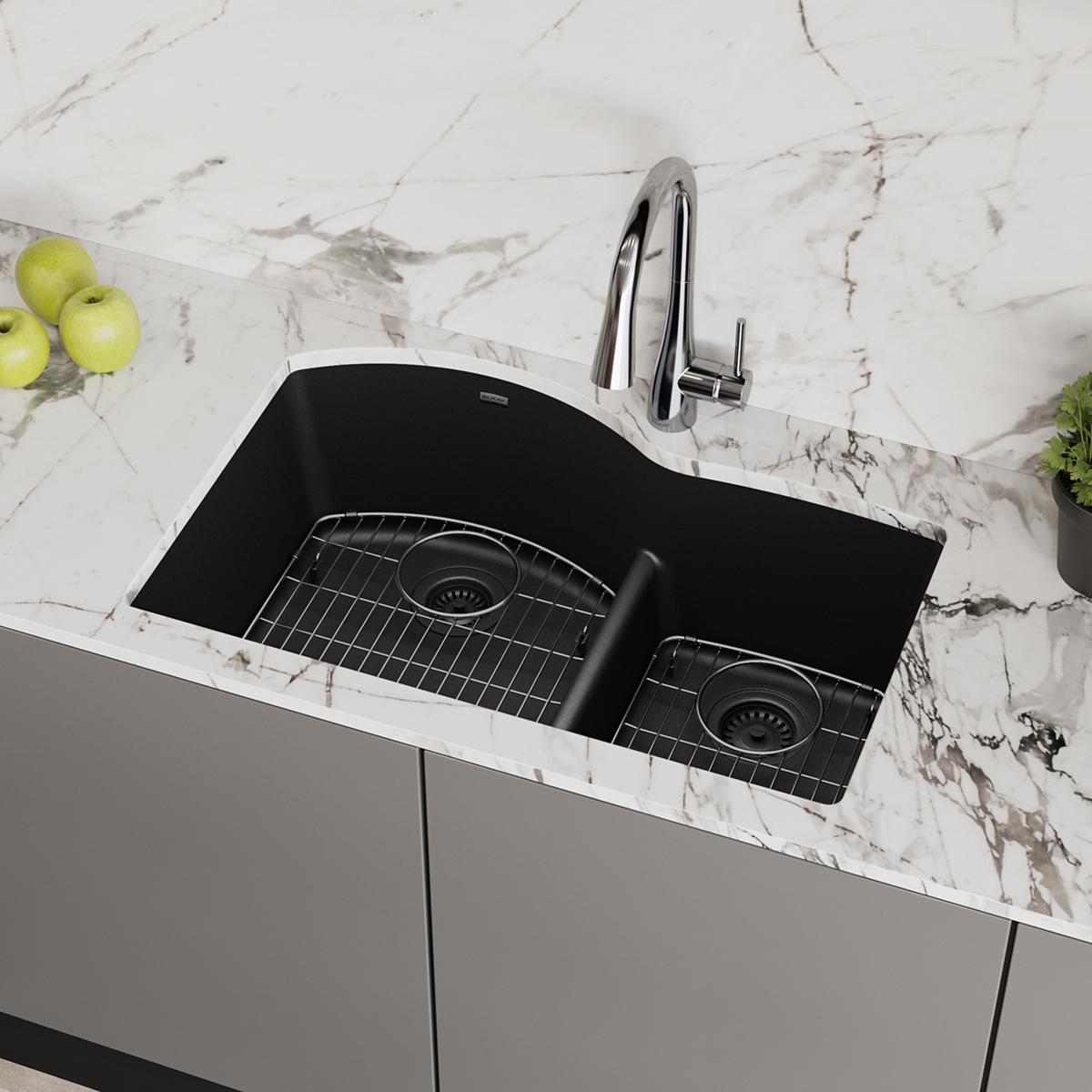 Alternate Image for Elkay Quartz Classic 33" Undermount Quartz Kitchen Sink Kit, 60/40 Double Bowl, Black, ELGHU3322RBK0C