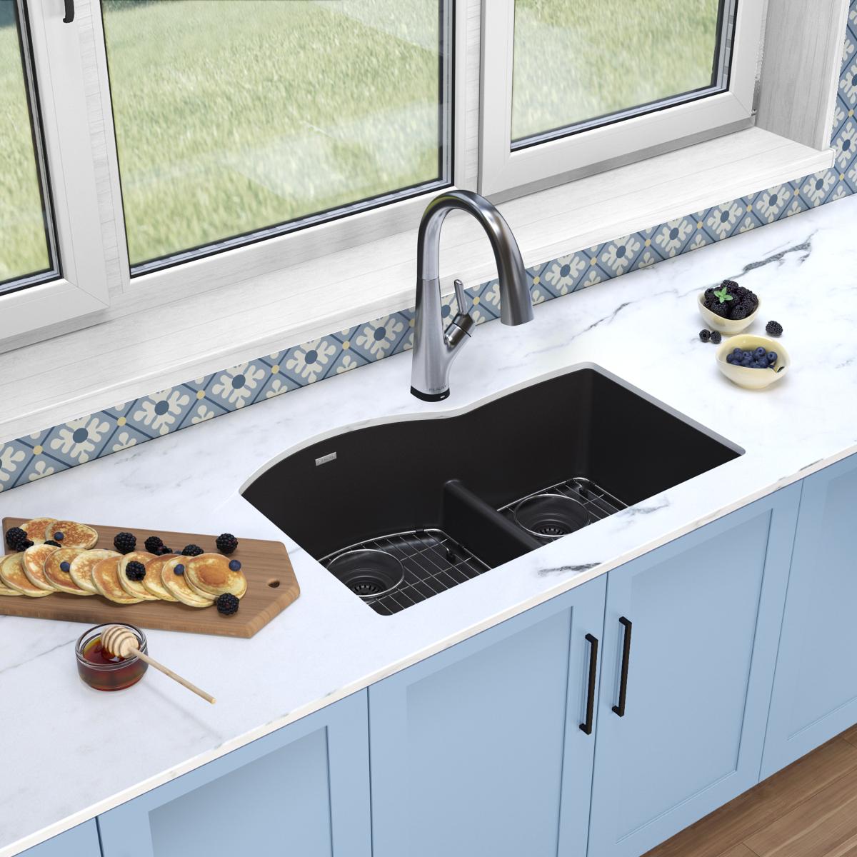 Alternate Image for Elkay Quartz Classic 33" Undermount Quartz Kitchen Sink Kit with Faucet, 60/40 Double Bowl, Black, ELGHU3322RBKFLC
