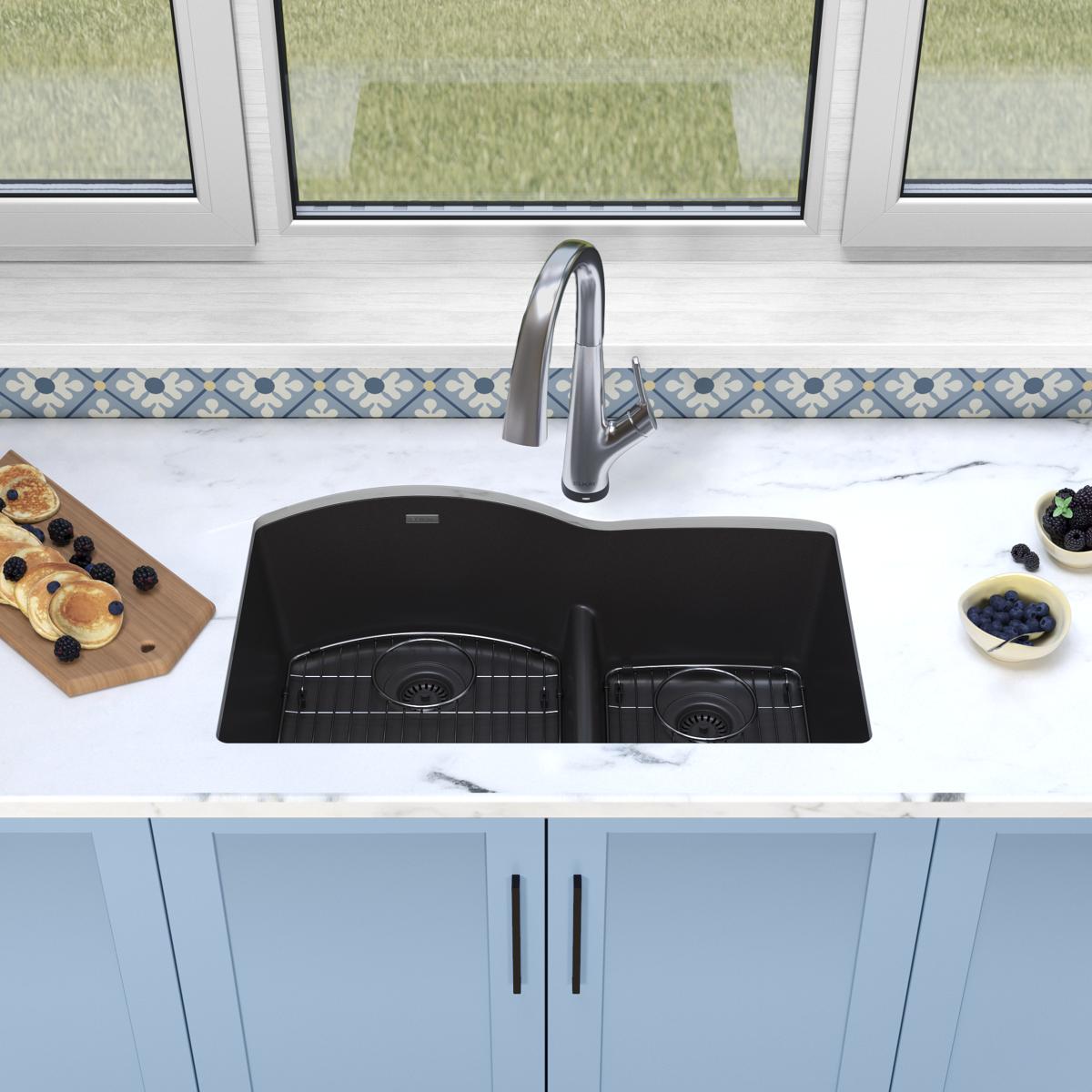 Alternate Image for Elkay Quartz Classic 33" Undermount Quartz Kitchen Sink Kit with Faucet, 60/40 Double Bowl, Black, ELGHU3322RBKFLC