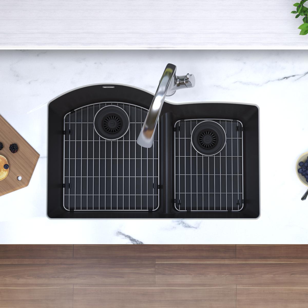 Alternate Image for Elkay Quartz Classic 33" Undermount Quartz Kitchen Sink Kit with Faucet, 60/40 Double Bowl, Black, ELGHU3322RBKFLC