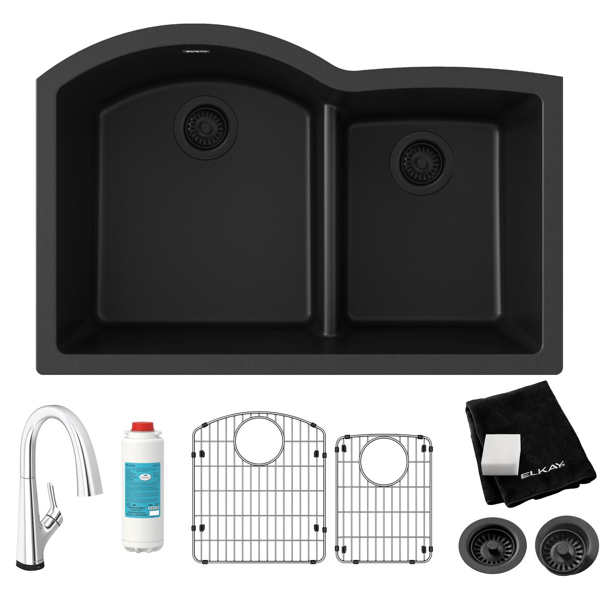 Alternate Image for Elkay Quartz Classic 33" Undermount Quartz Kitchen Sink Kit with Faucet, 60/40 Double Bowl, Black, ELGHU3322RBKFLC