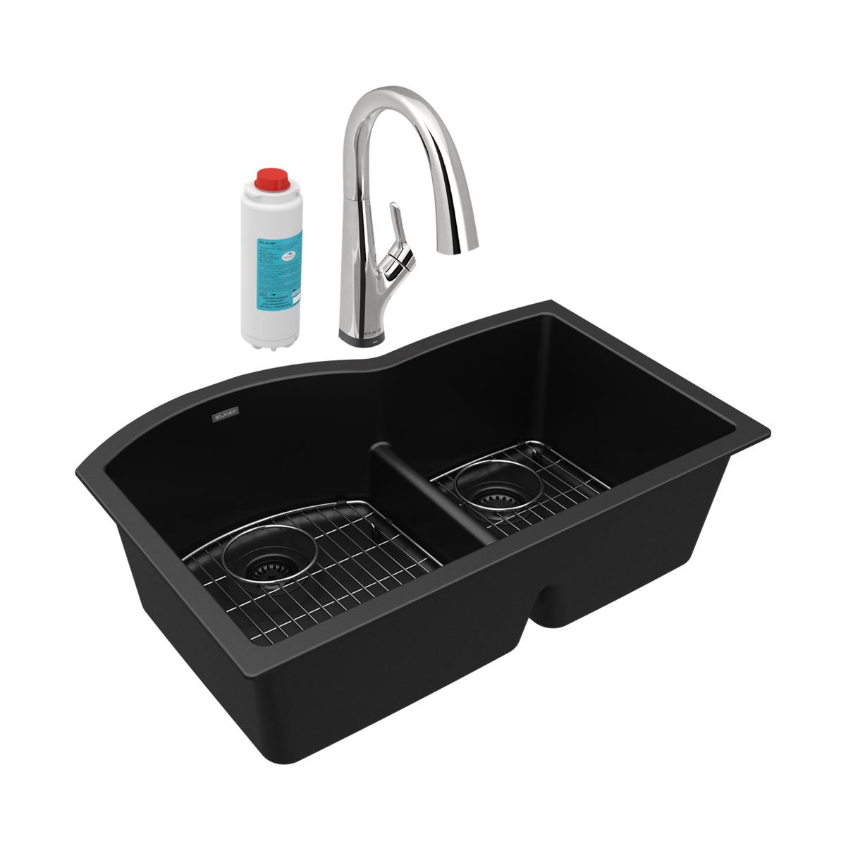 Elkay Quartz Classic 33" Undermount Quartz Kitchen Sink Kit with Faucet, 60/40 Double Bowl, Black, ELGHU3322RBKFLC