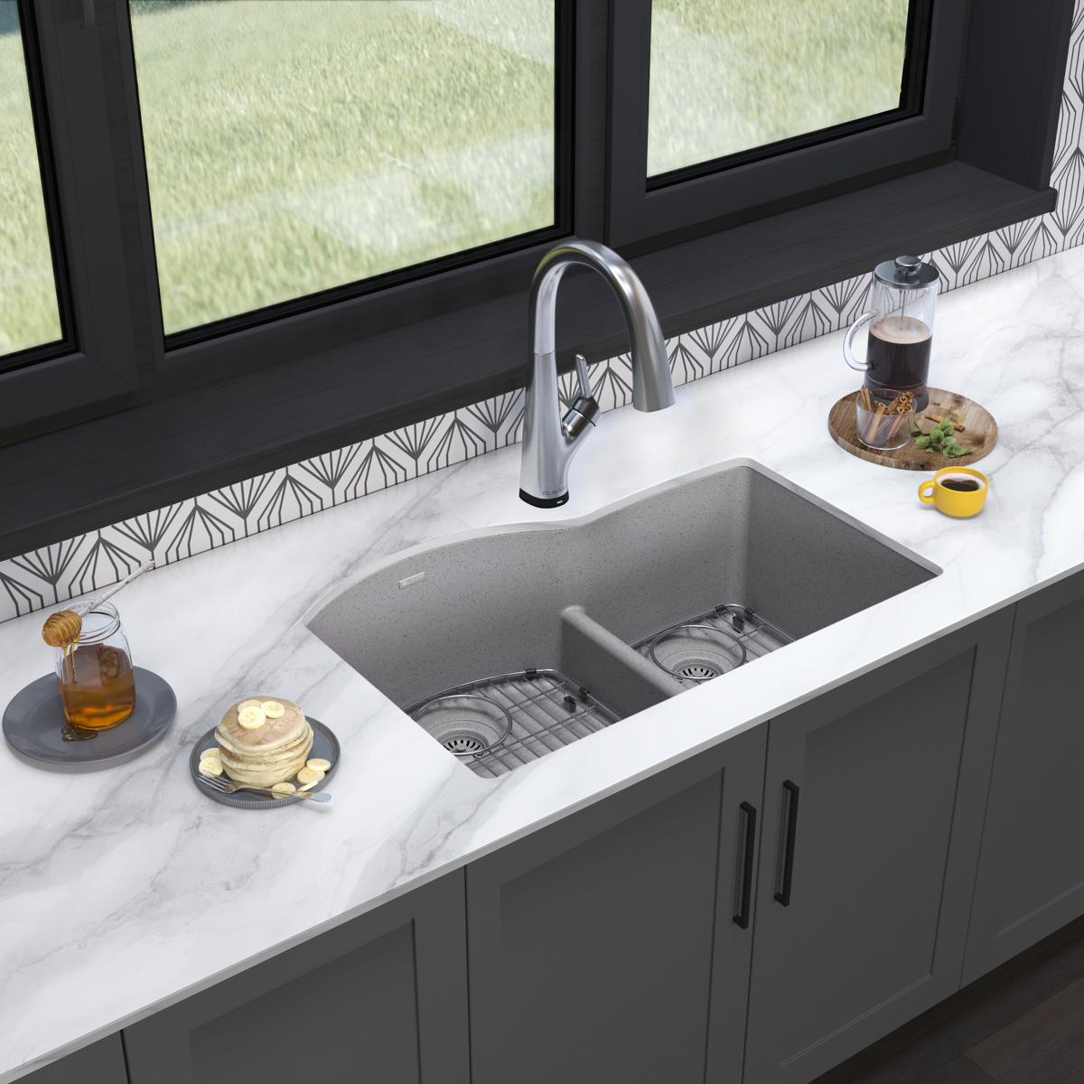 Alternate Image for Elkay Quartz Classic 33" Undermount Quartz Kitchen Sink Kit with Faucet, 60/40 Double Bowl, Greystone, ELGHU3322RGSFLC