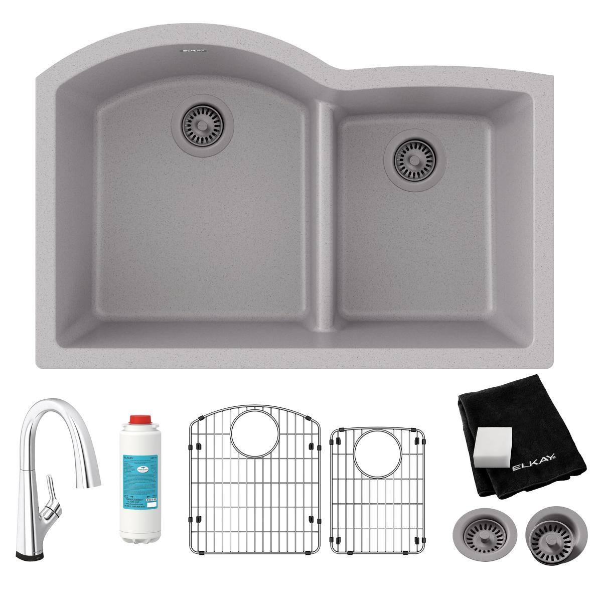 Alternate Image for Elkay Quartz Classic 33" Undermount Quartz Kitchen Sink Kit with Faucet, 60/40 Double Bowl, Greystone, ELGHU3322RGSFLC