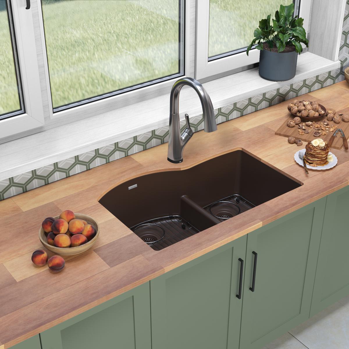 Alternate Image for Elkay Quartz Classic 33" Undermount Quartz Kitchen Sink Kit with Faucet, 60/40 Double Bowl, Mocha, ELGHU3322RMCFLC