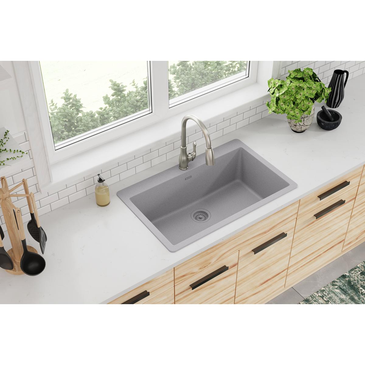 Elkay Quartz Classic 33" Drop In/Topmount Quartz Kitchen Sink, Greystone, 5 Pre-scored Faucet Holes, ELGR13322GS0
