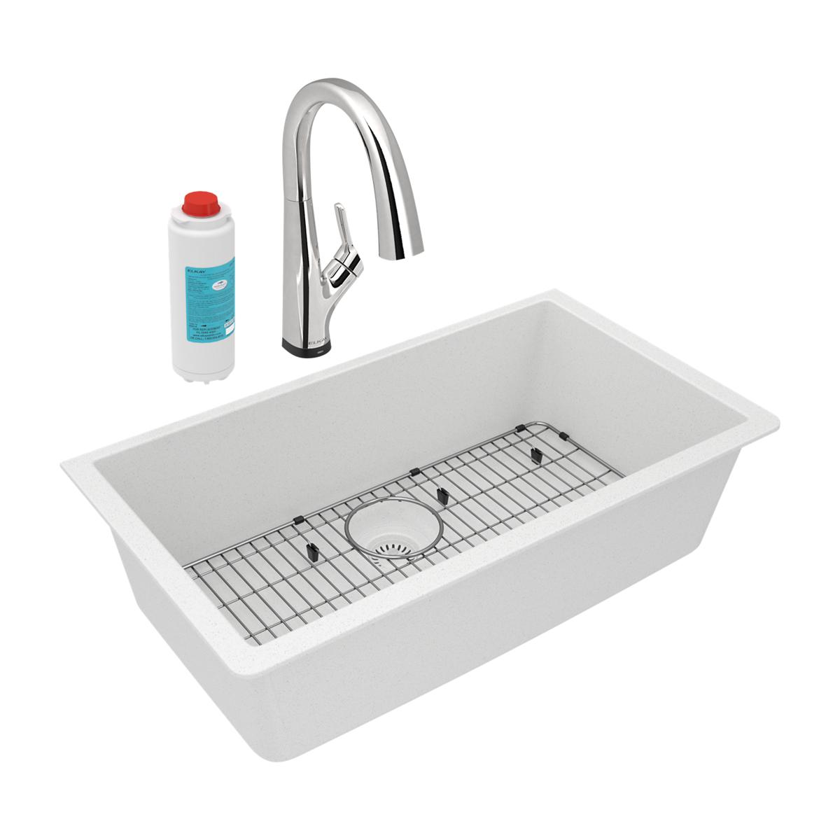 Alternate Image for Elkay Quartz Classic 33" Undermount Quartz Kitchen Sink Kit with Faucet, Single Bowl White, ELGRU13322WHFLC